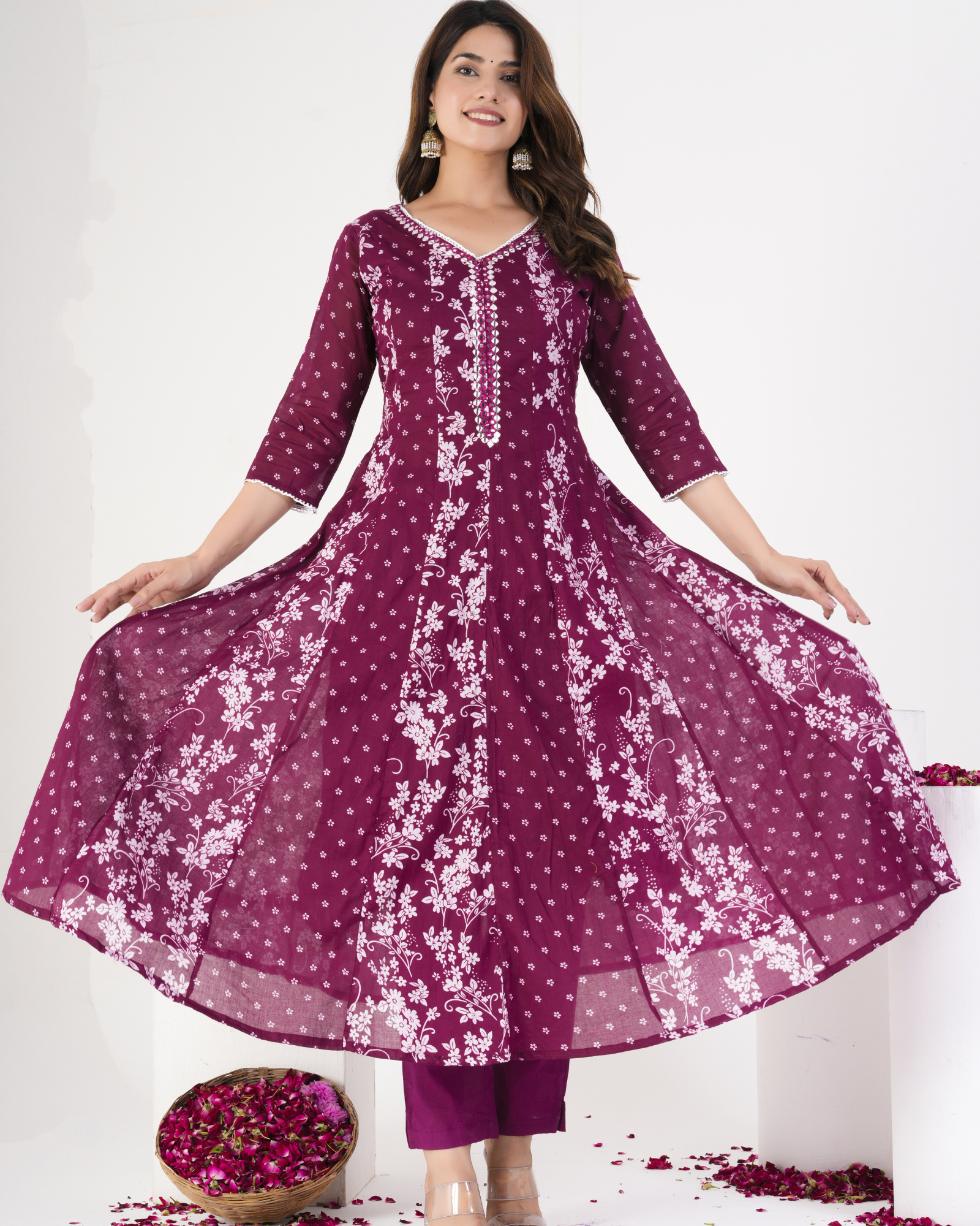 Wine Color Floral Printed Kurta With Solid Trousers