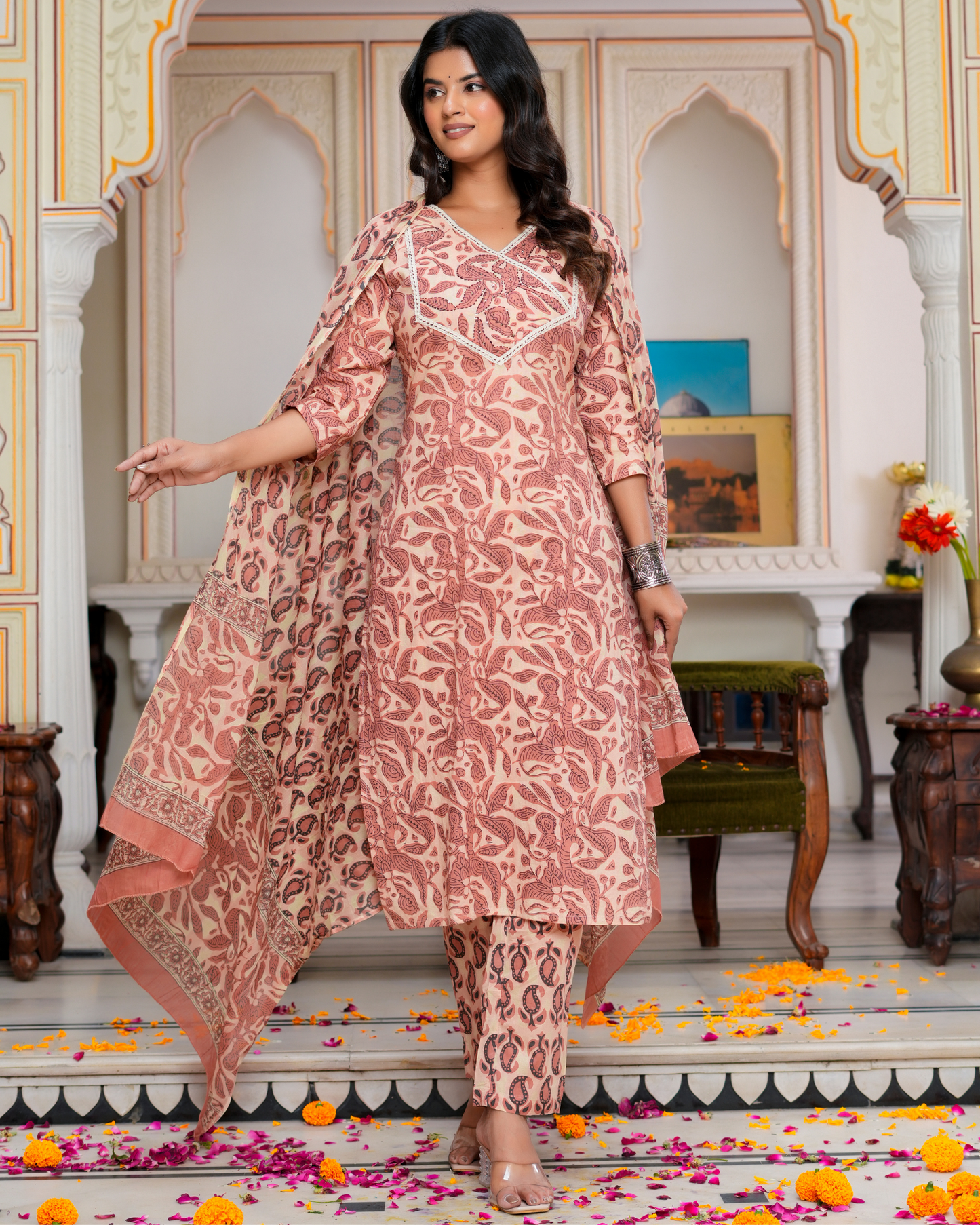 Beige Floral Printed Kurta With Printed Trouser & Dupatta