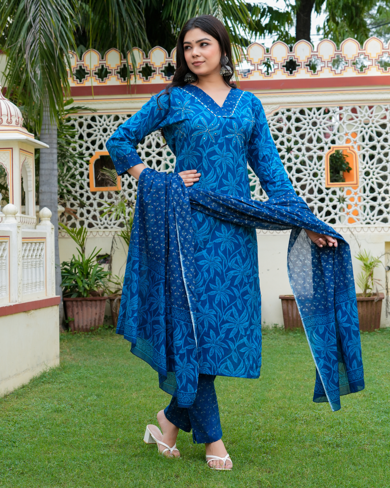 Blue Floral Printed Kurta With Printed Trouser & Dupatta