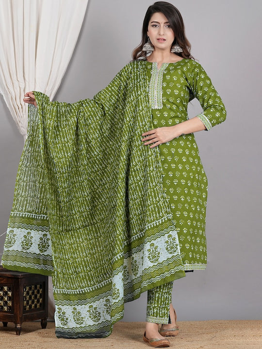 Ethnic Motifs Printed Gotta Patti Pure Cotton Straight Kurta & Trouser With Dupatta