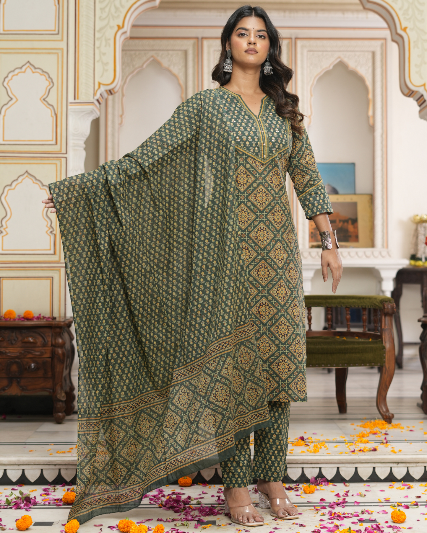 Green Floral Printed Kurta With Printed Trouser & Dupatta