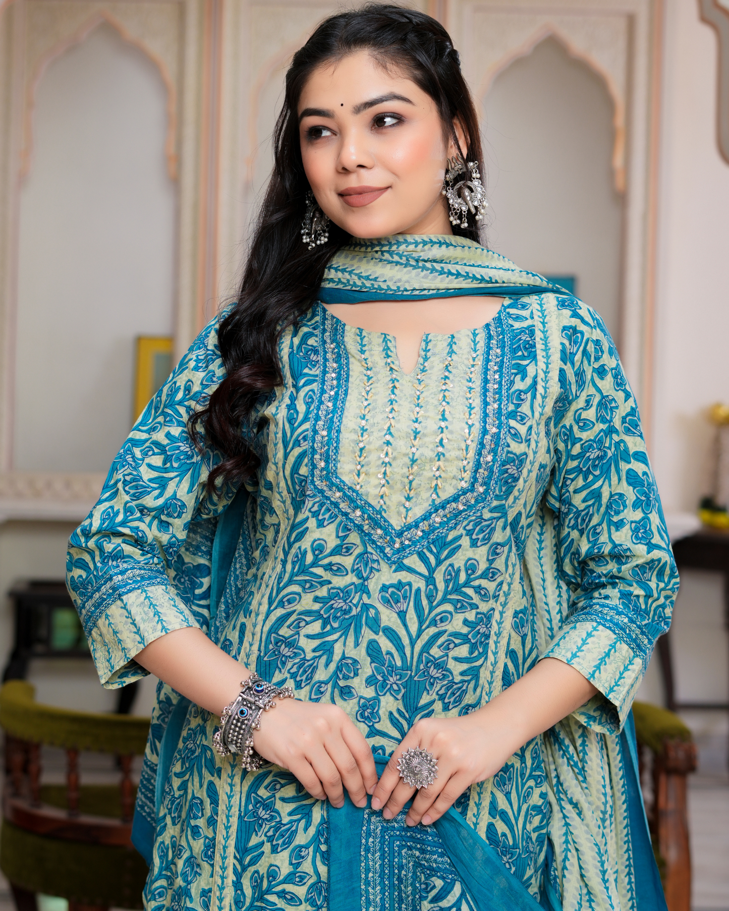 Blue Floral Printed Kurta With Printed Trouser & Dupatta