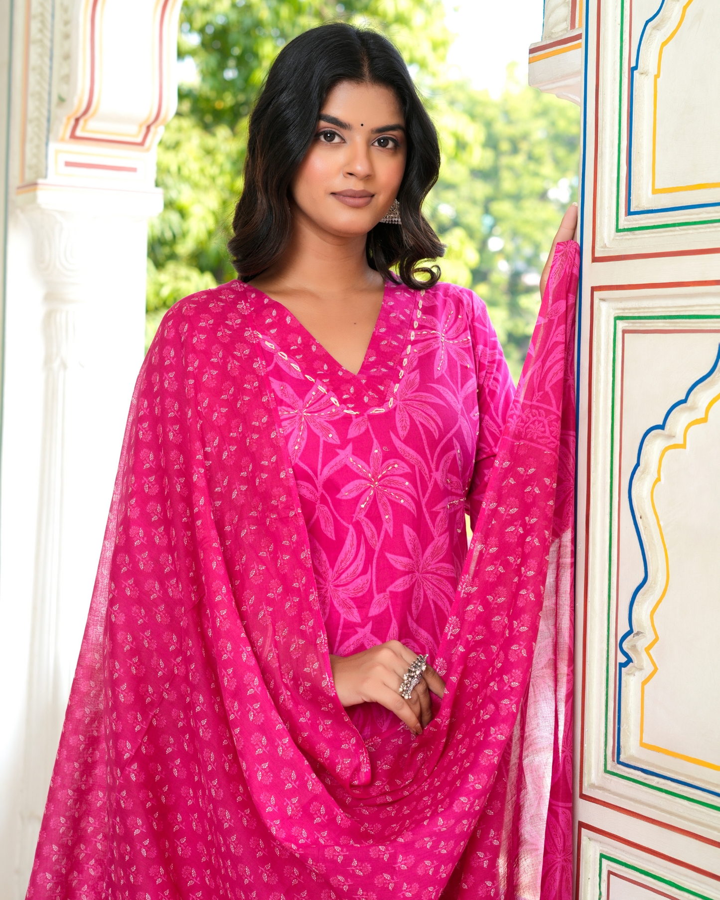 Pink Floral Printed Kurta With Printed Trouser & Dupatta