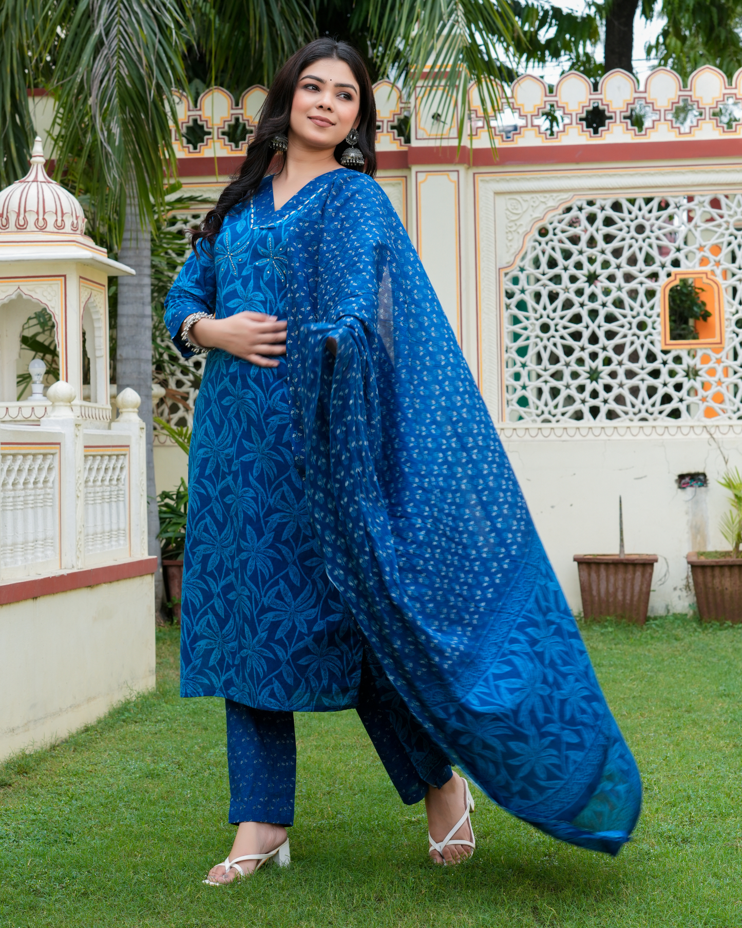 Blue Floral Printed Kurta With Printed Trouser & Dupatta