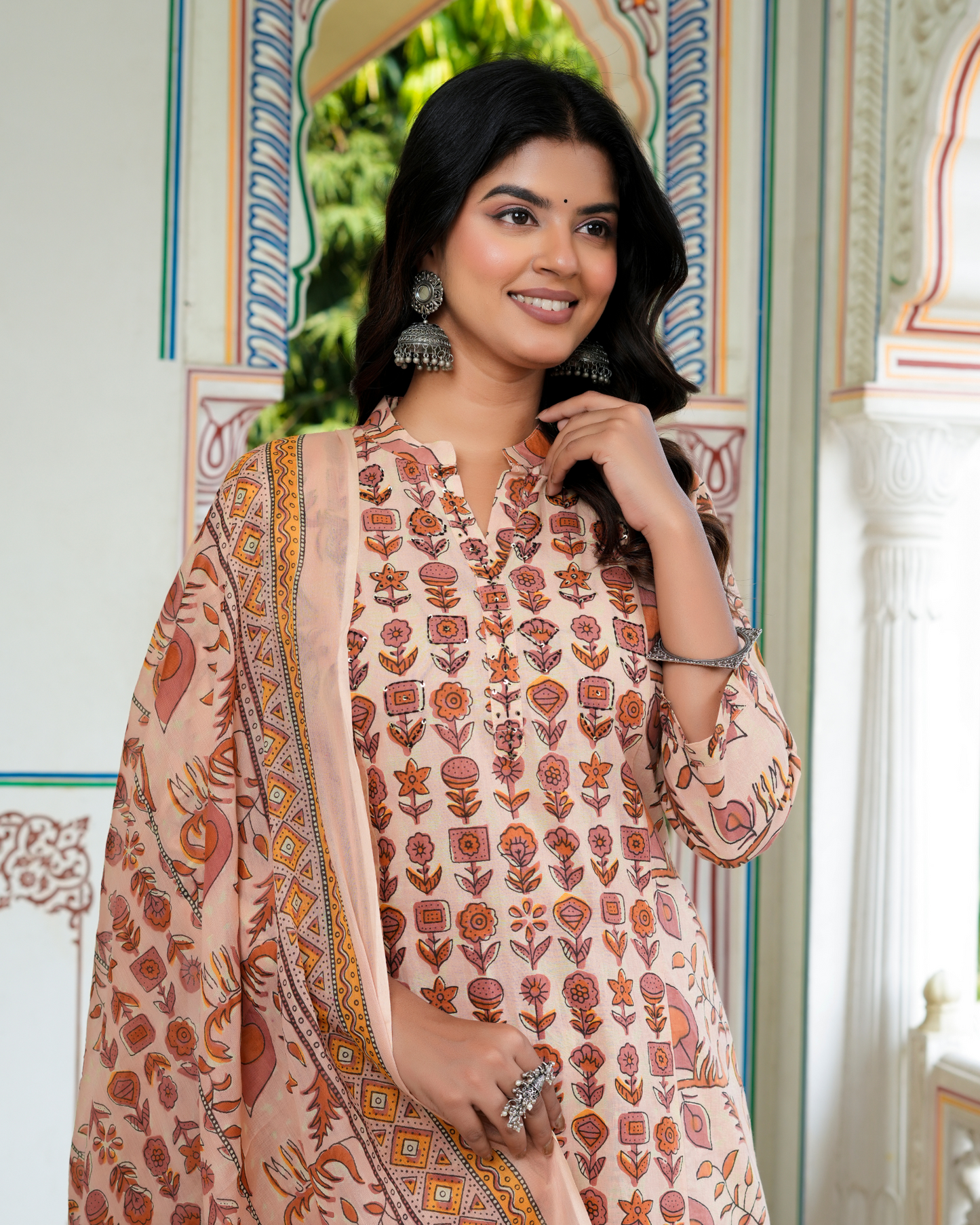 Beige Floral Printed Kurta With Printed Trouser & Dupatta