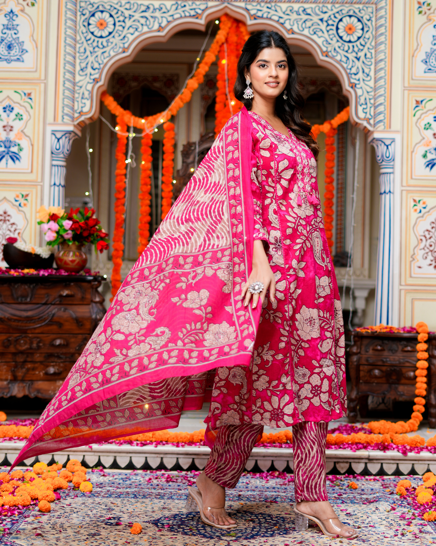 Pink Floral Printed Kurta With Printed Trouser & Dupatta