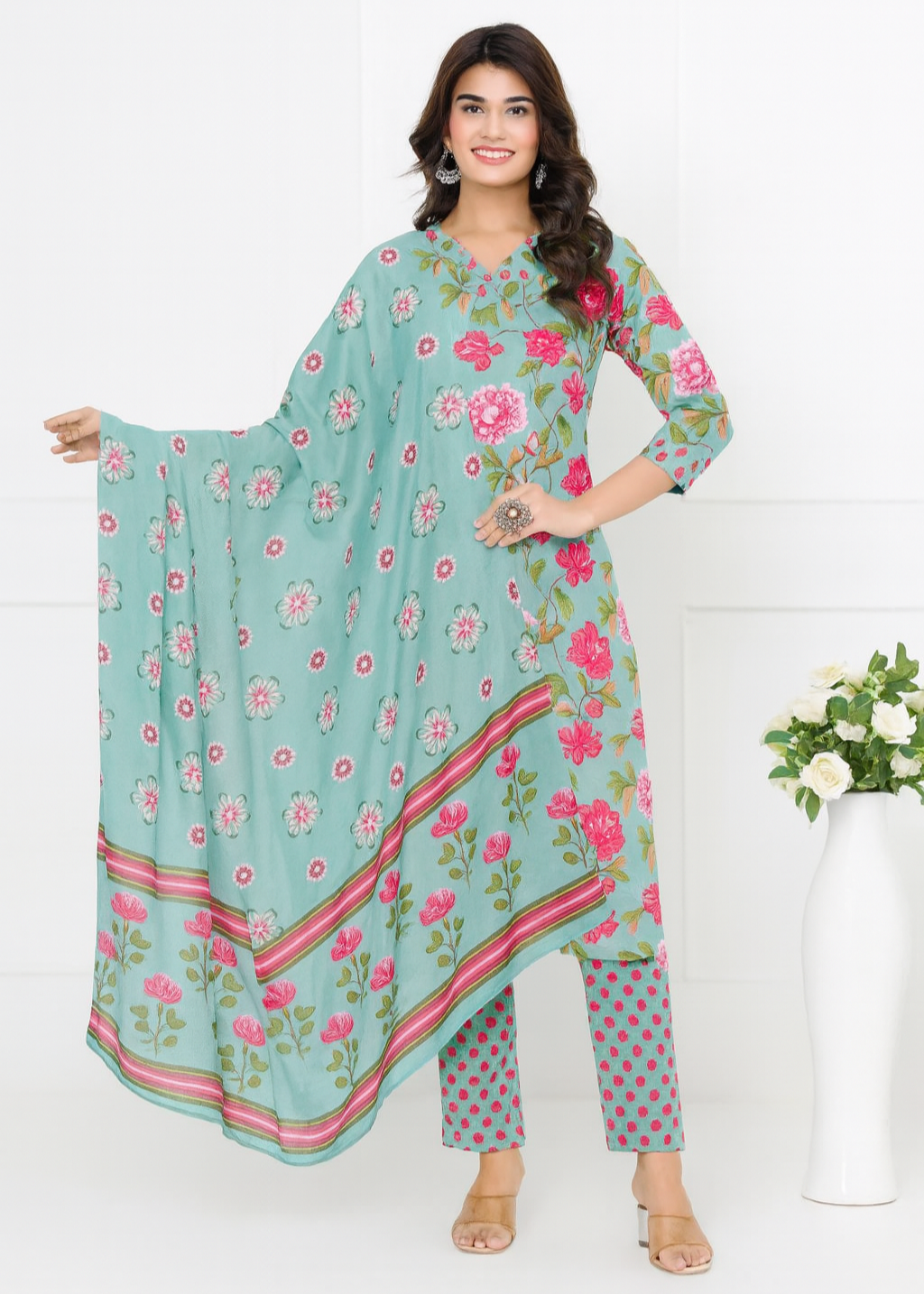 Cotton Printed Straight Green Kurta Set With Dupatta