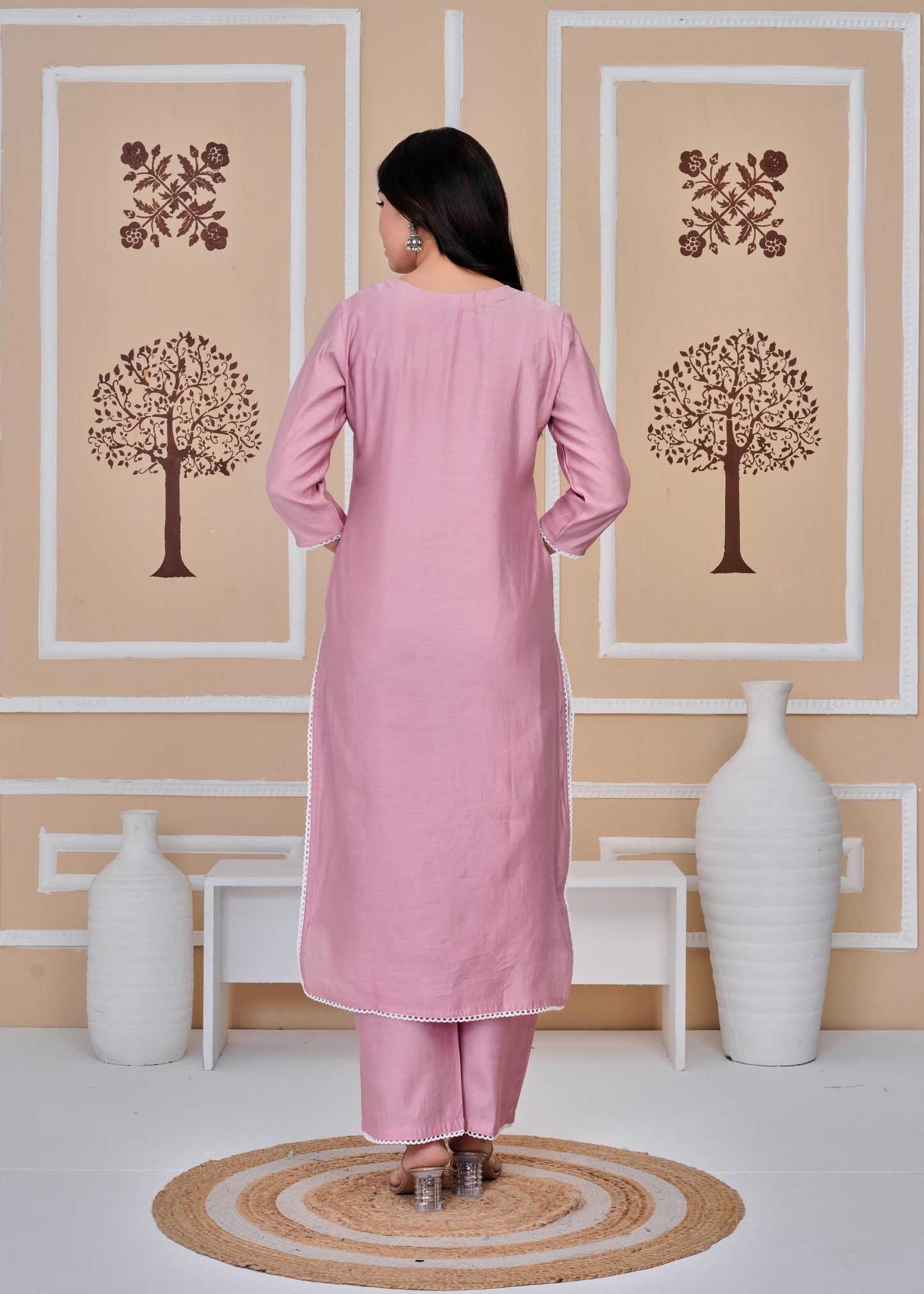 Cotton Printed Embroidered Straight Peach Kurta Set With Dupatta