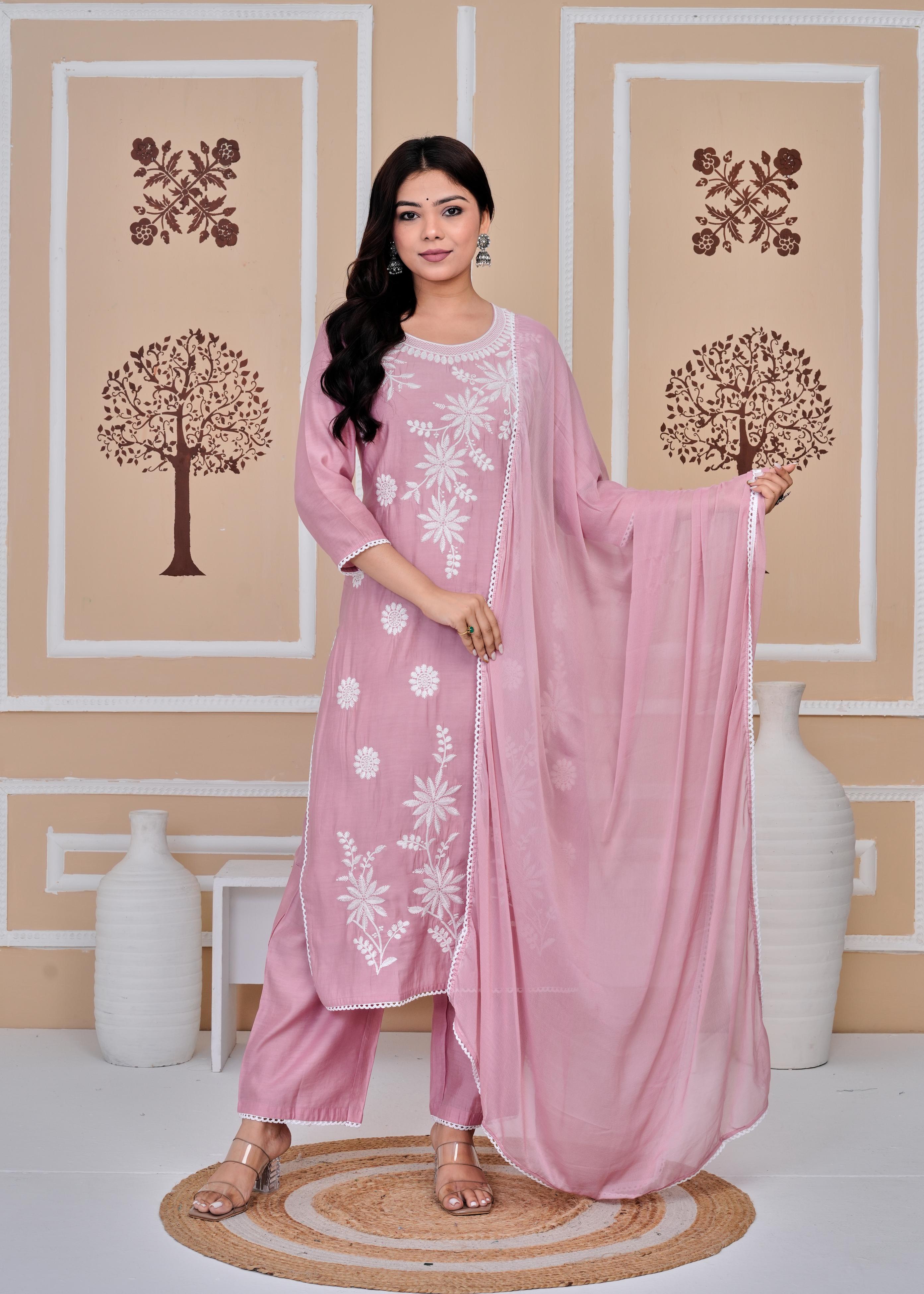 Cotton Printed Embroidered Straight Peach Kurta Set With Dupatta