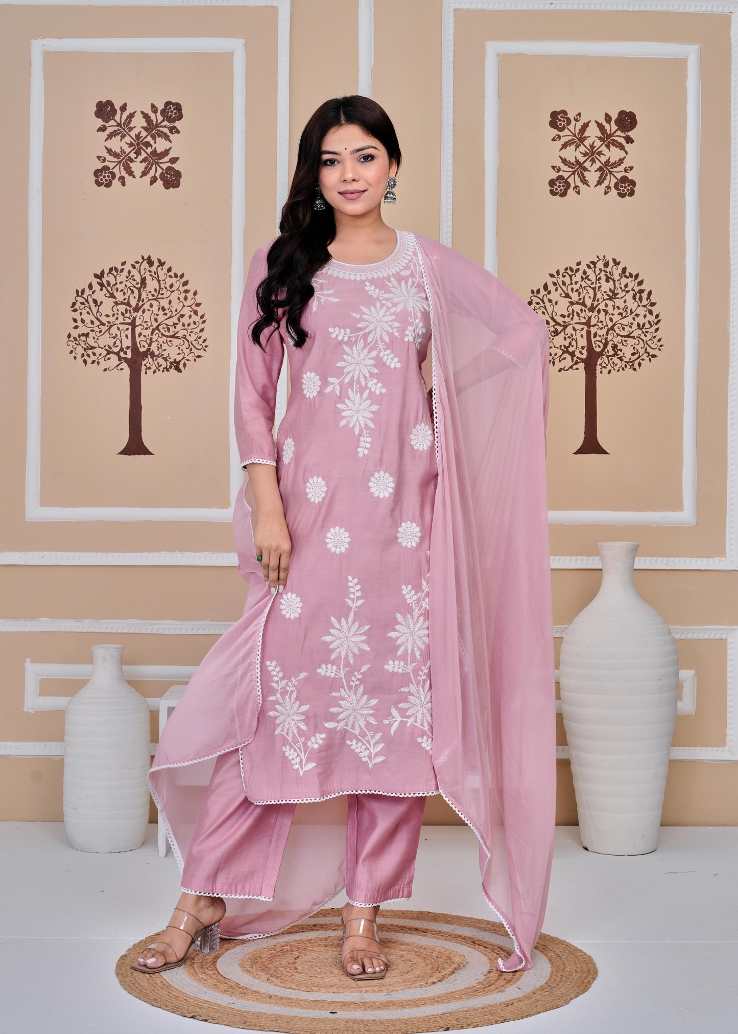 Cotton Printed Embroidered Straight Peach Kurta Set With Dupatta