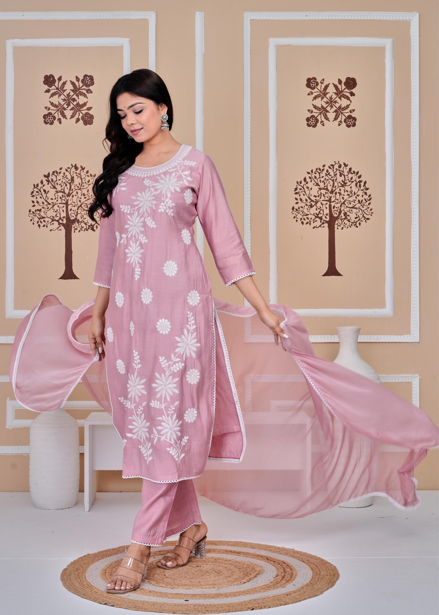 Cotton Printed Embroidered Straight Peach Kurta Set With Dupatta