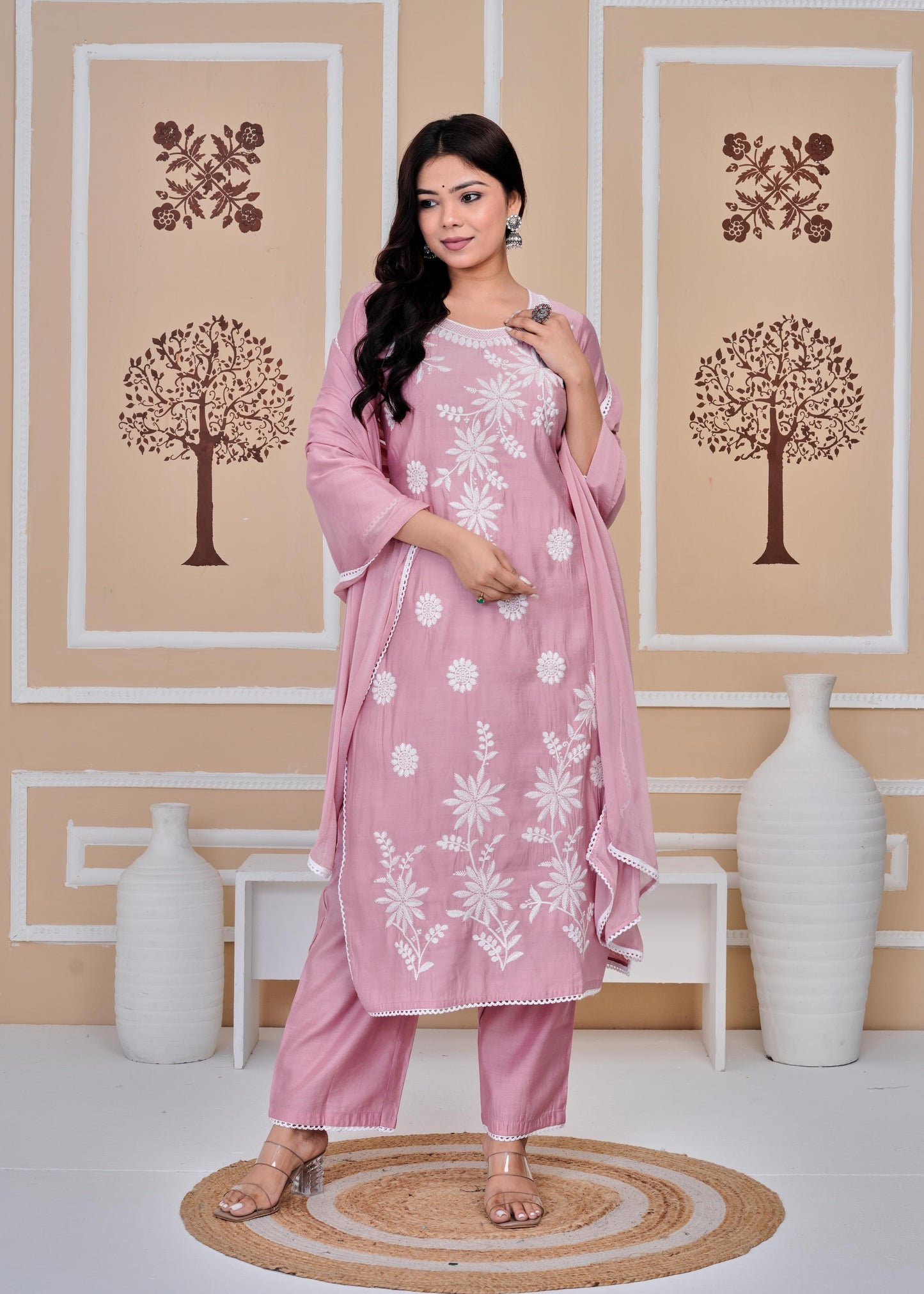 Cotton Printed Embroidered Straight Peach Kurta Set With Dupatta