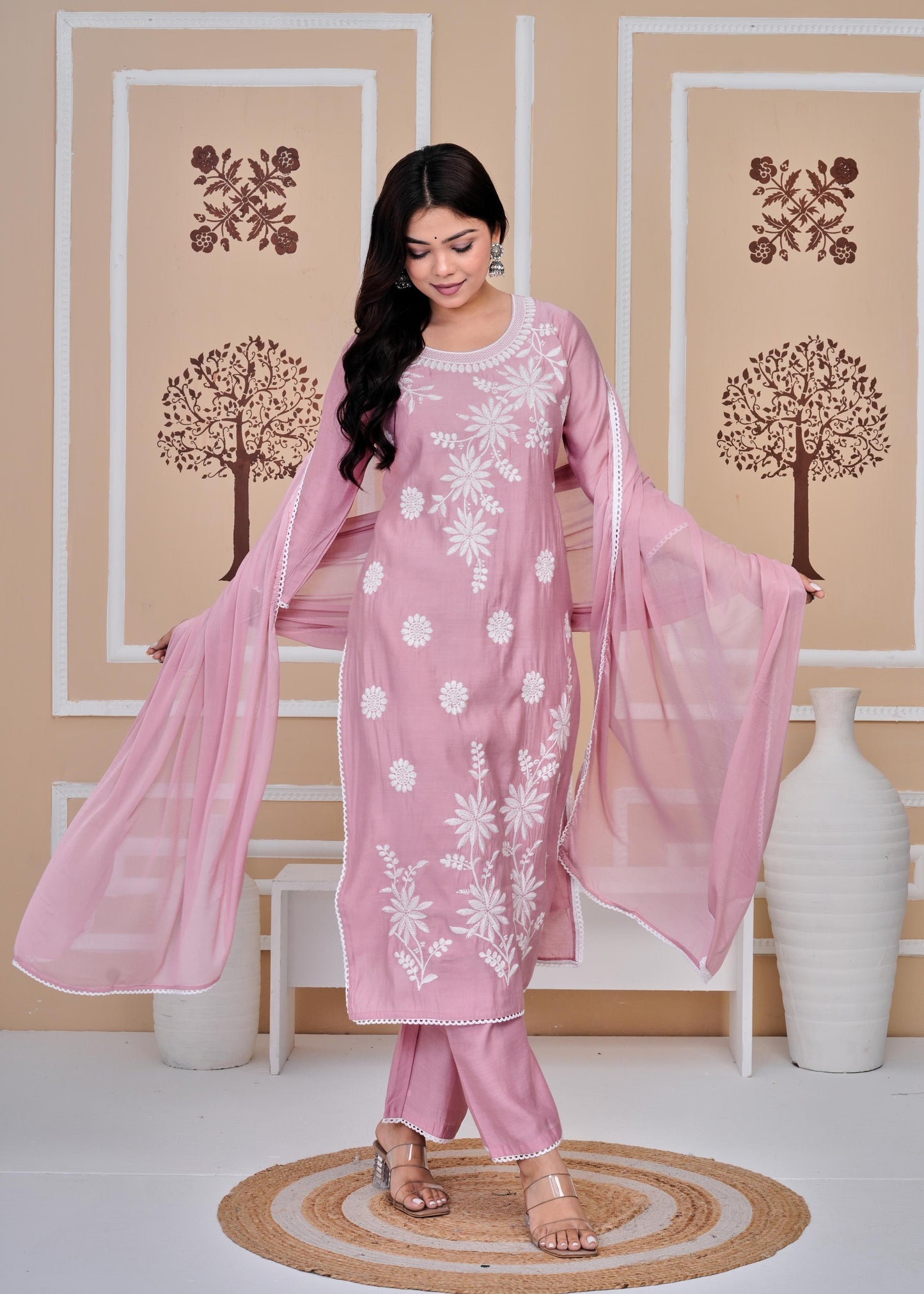 Cotton Printed Embroidered Straight Peach Kurta Set With Dupatta