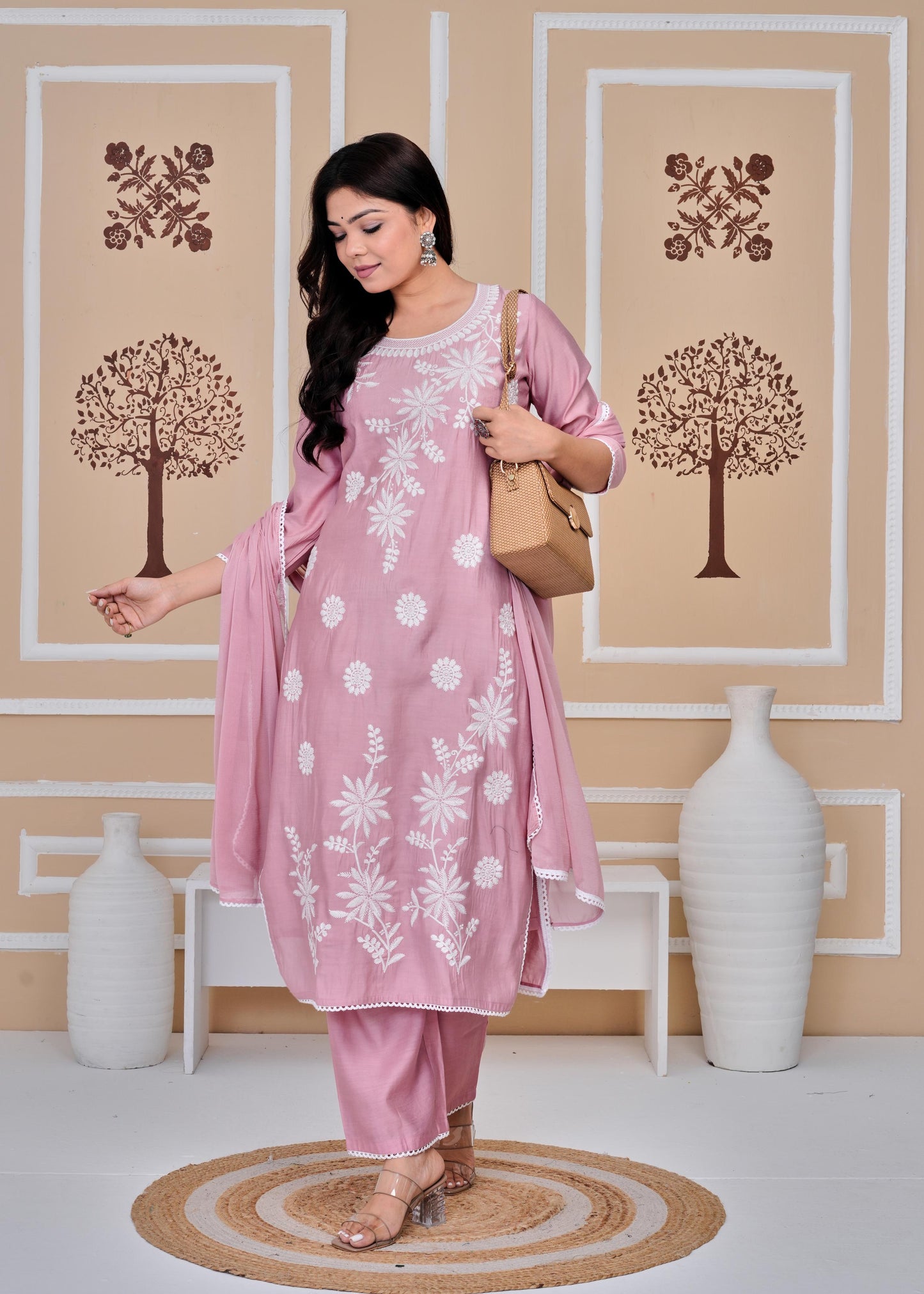 Cotton Printed Embroidered Straight Peach Kurta Set With Dupatta