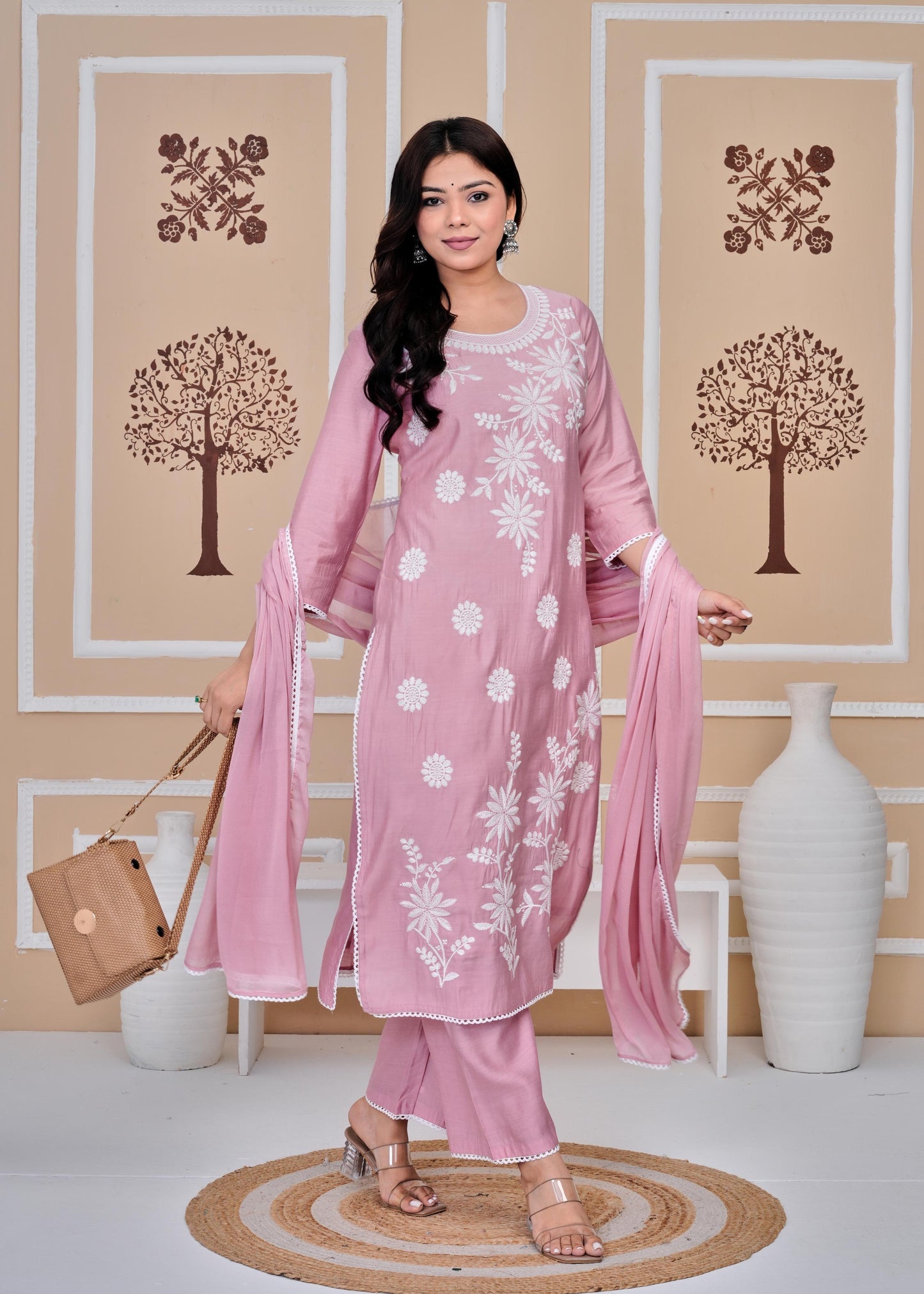 Cotton Printed Embroidered Straight Peach Kurta Set With Dupatta