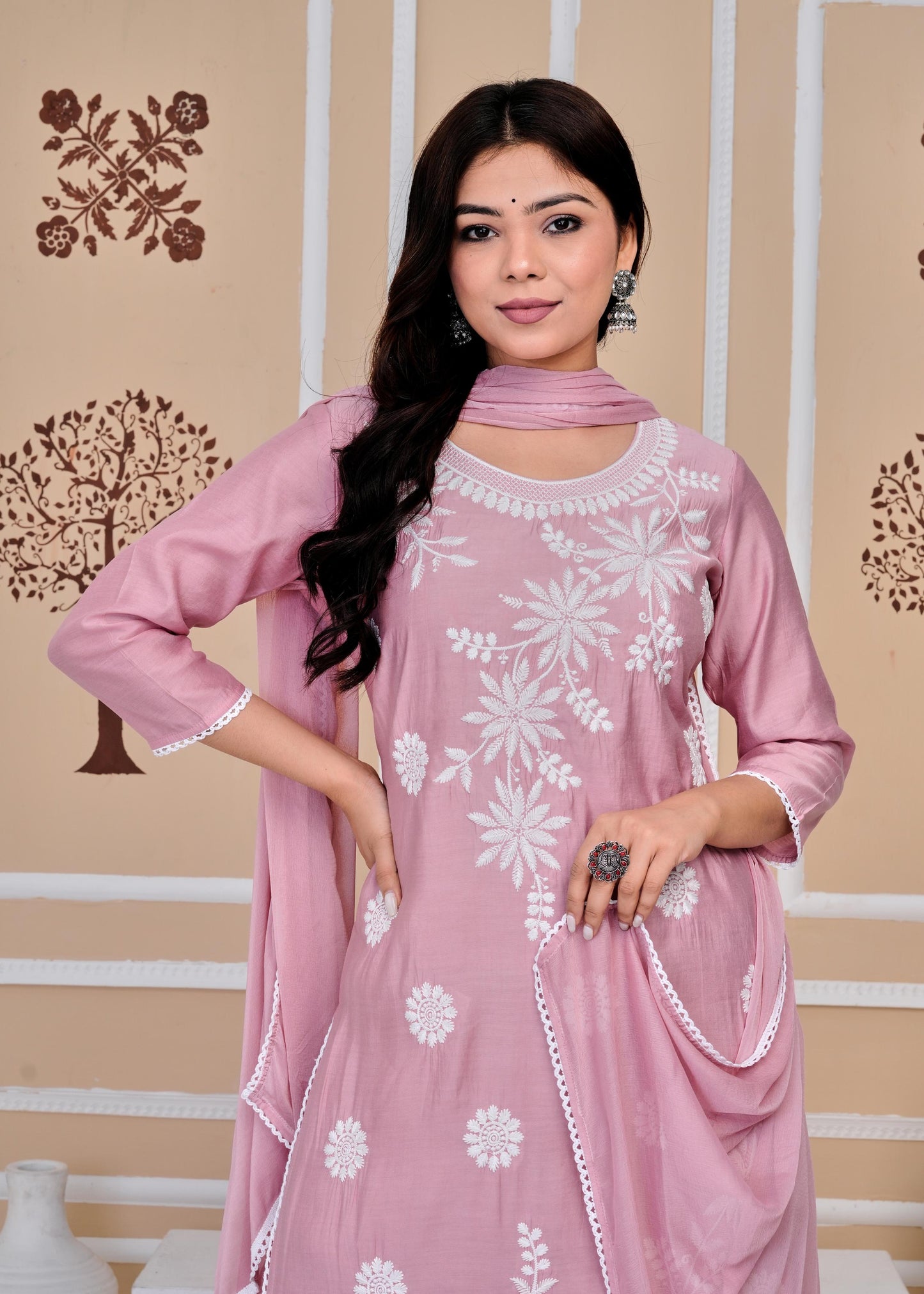 Cotton Printed Embroidered Straight Peach Kurta Set With Dupatta