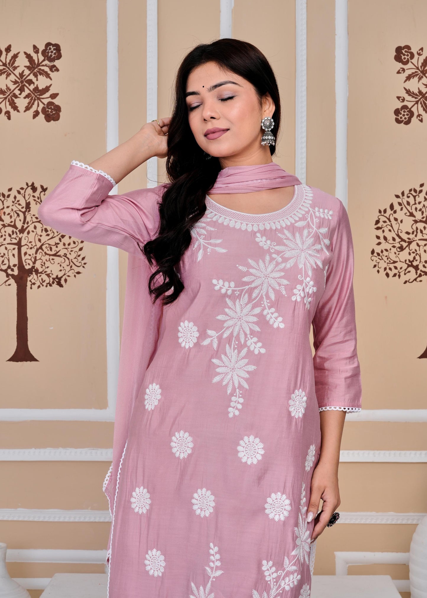 Cotton Printed Embroidered Straight Peach Kurta Set With Dupatta