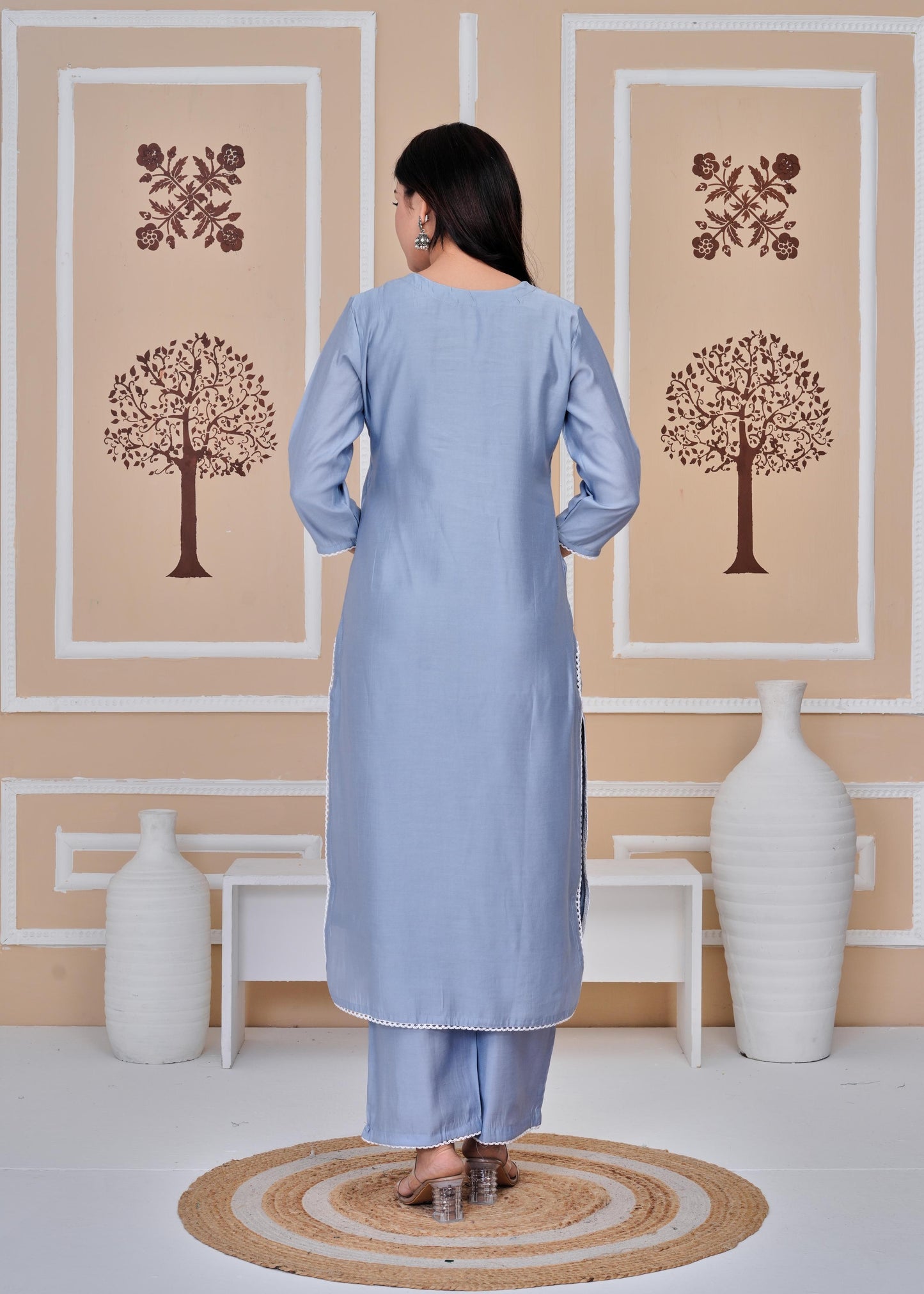 Cotton Printed Embroidered Straight Blue Kurta Set With Dupatta