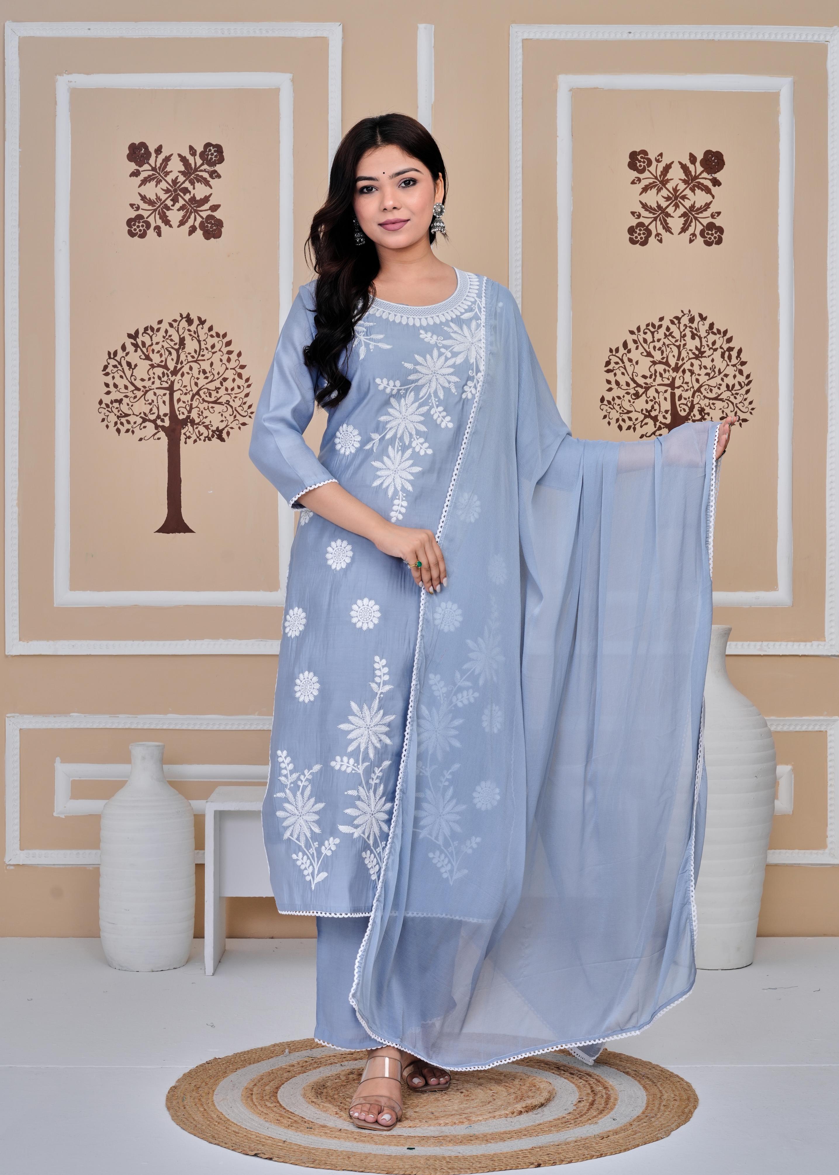 Cotton Printed Embroidered Straight Blue Kurta Set With Dupatta