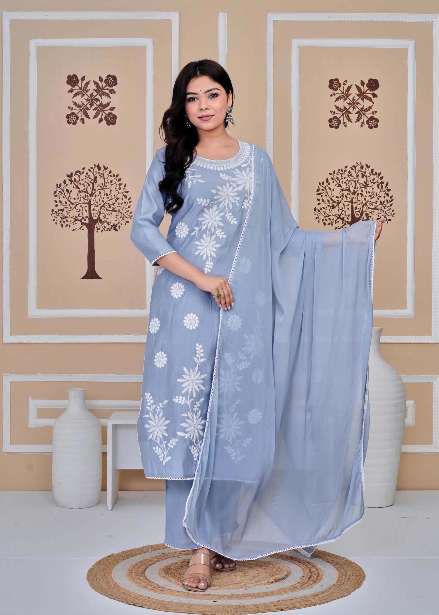 Cotton Printed Embroidered Straight Blue Kurta Set With Dupatta