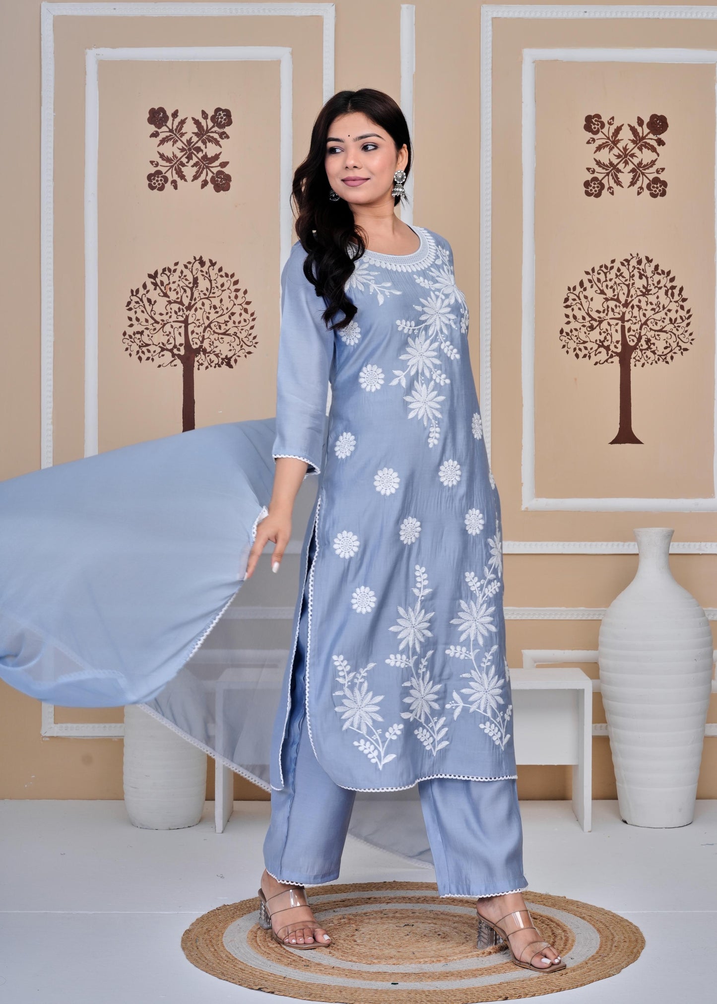 Cotton Printed Embroidered Straight Blue Kurta Set With Dupatta