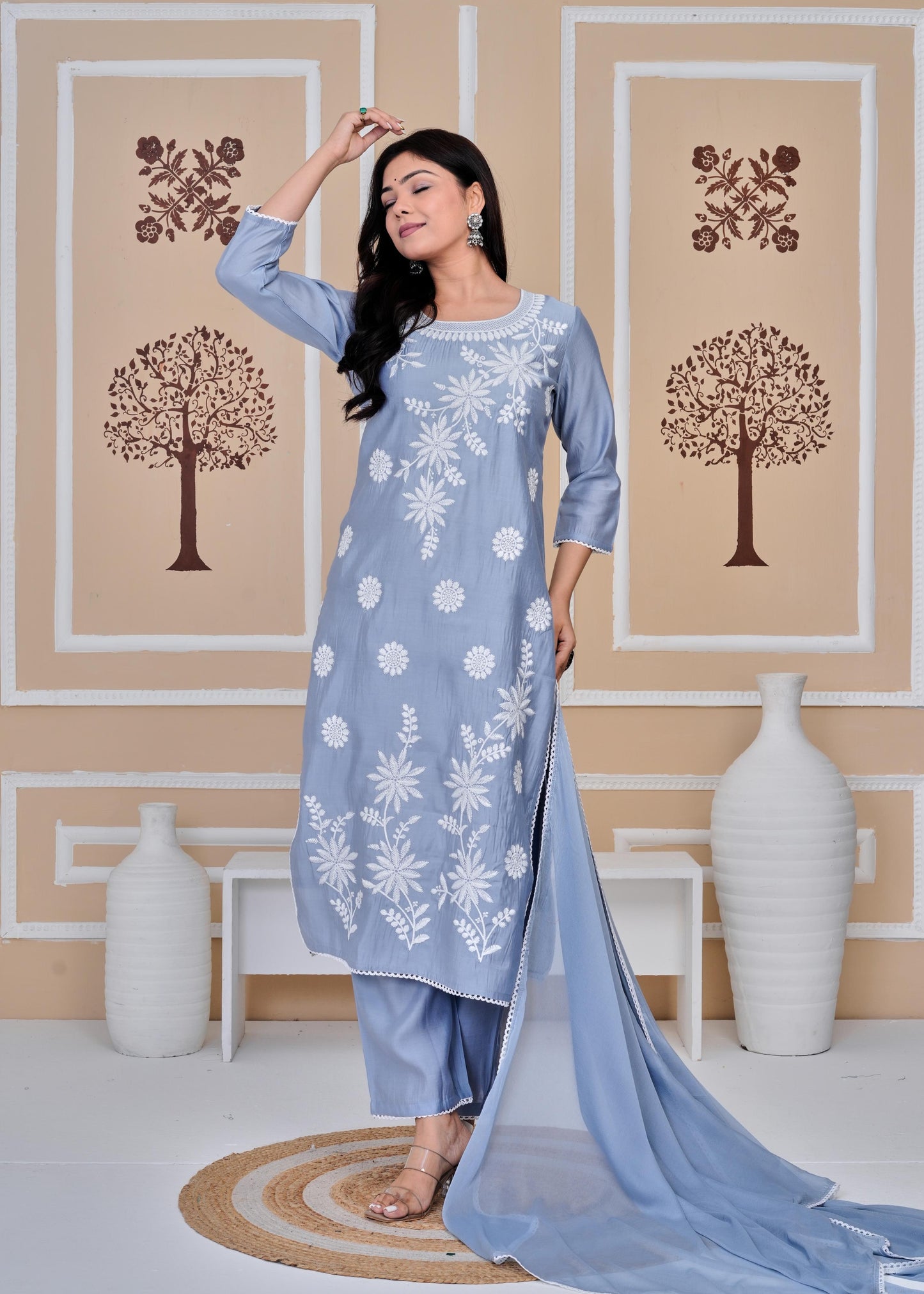 Cotton Printed Embroidered Straight Blue Kurta Set With Dupatta