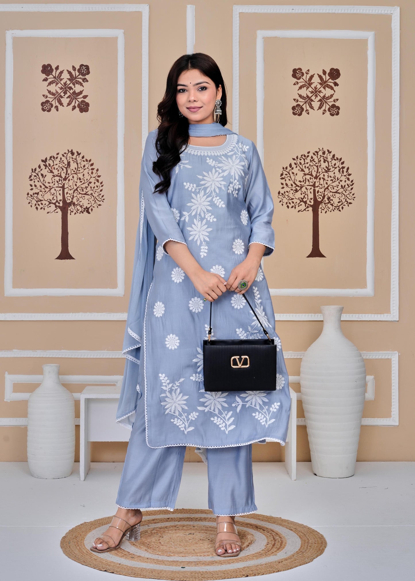 Cotton Printed Embroidered Straight Blue Kurta Set With Dupatta