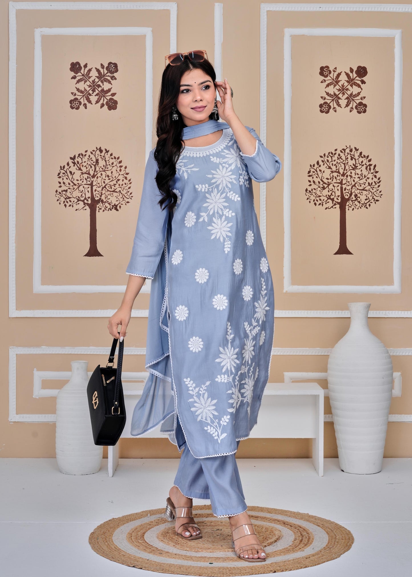 Cotton Printed Embroidered Straight Blue Kurta Set With Dupatta