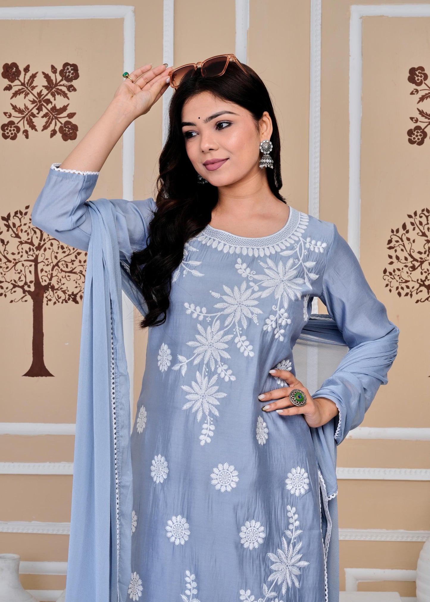 Cotton Printed Embroidered Straight Blue Kurta Set With Dupatta