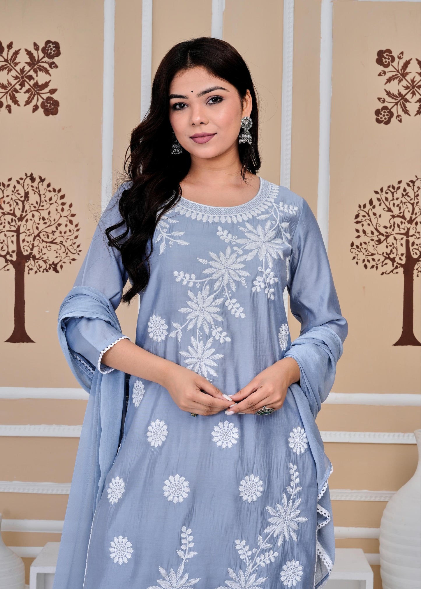 Cotton Printed Embroidered Straight Blue Kurta Set With Dupatta