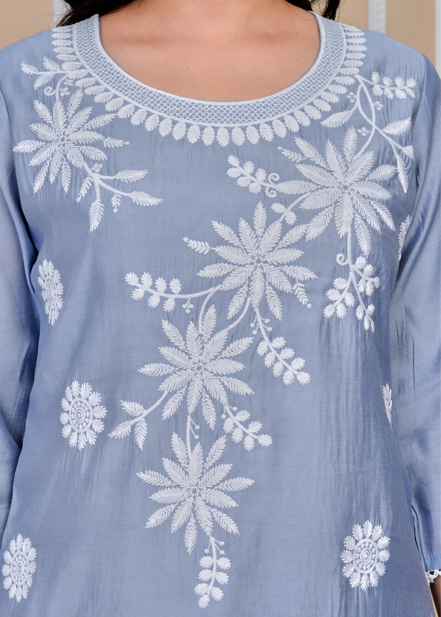 Cotton Printed Embroidered Straight Blue Kurta Set With Dupatta