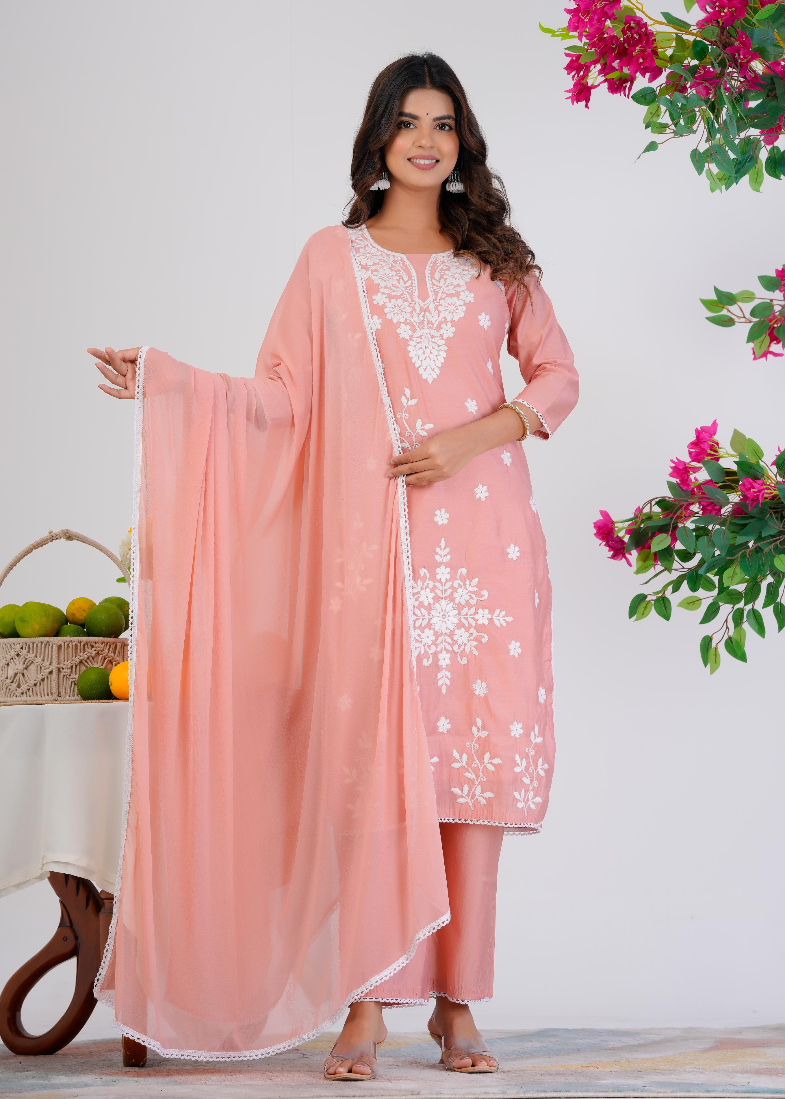 Cotton Embroidered Straight Peach Kurta Set With Dupatta