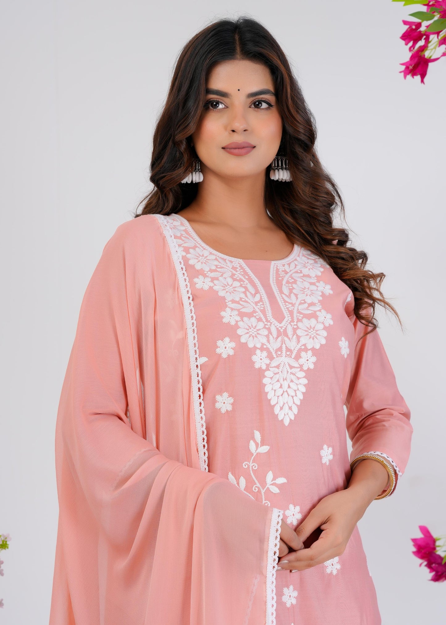 Cotton Embroidered Straight Peach Kurta Set With Dupatta