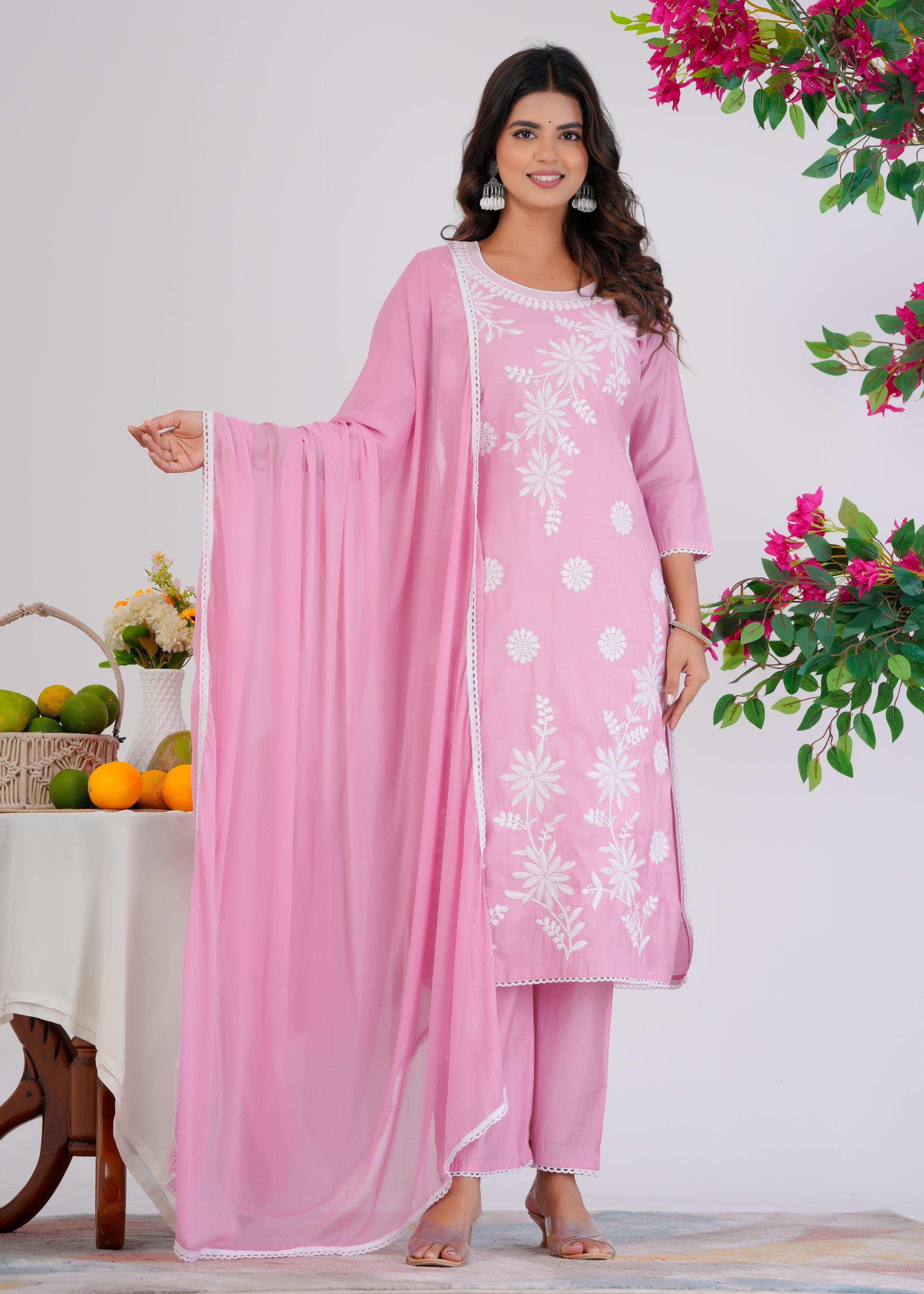 Cotton Embroidered Straight Pink Kurta Set With Dupatta