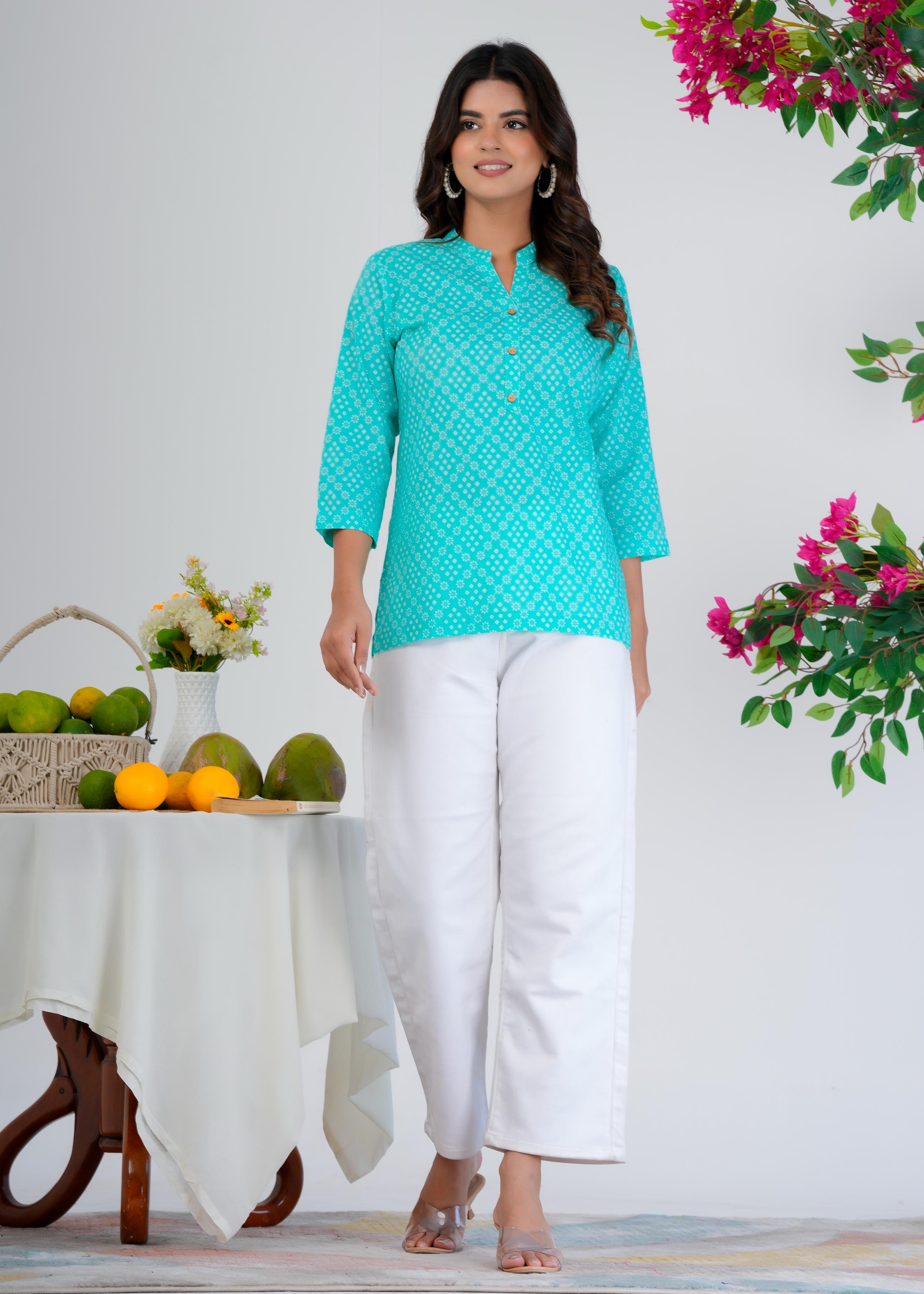 Cotton Printed Regular Blue Top