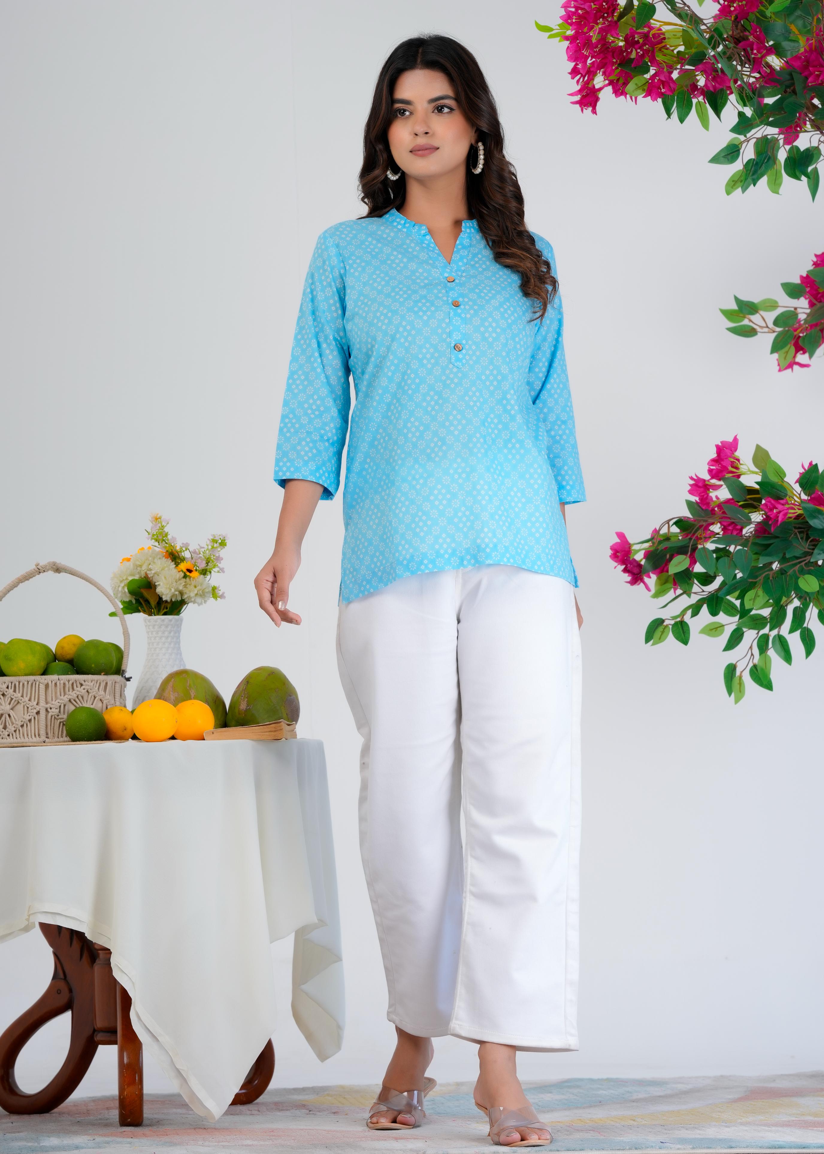 Cotton Printed Regular Blue Top