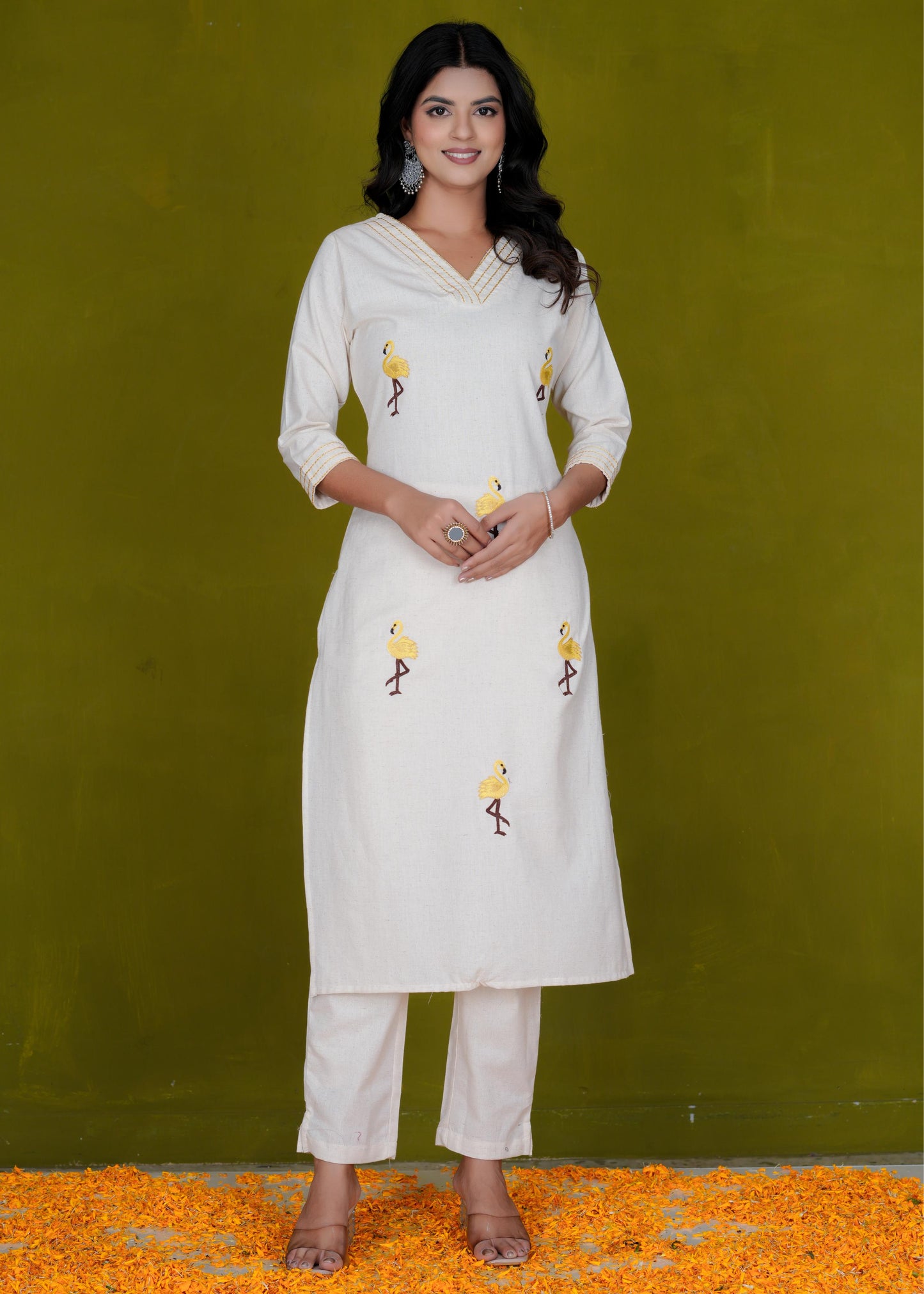 Cotton Printed Straight Off White Kurta & Trouser