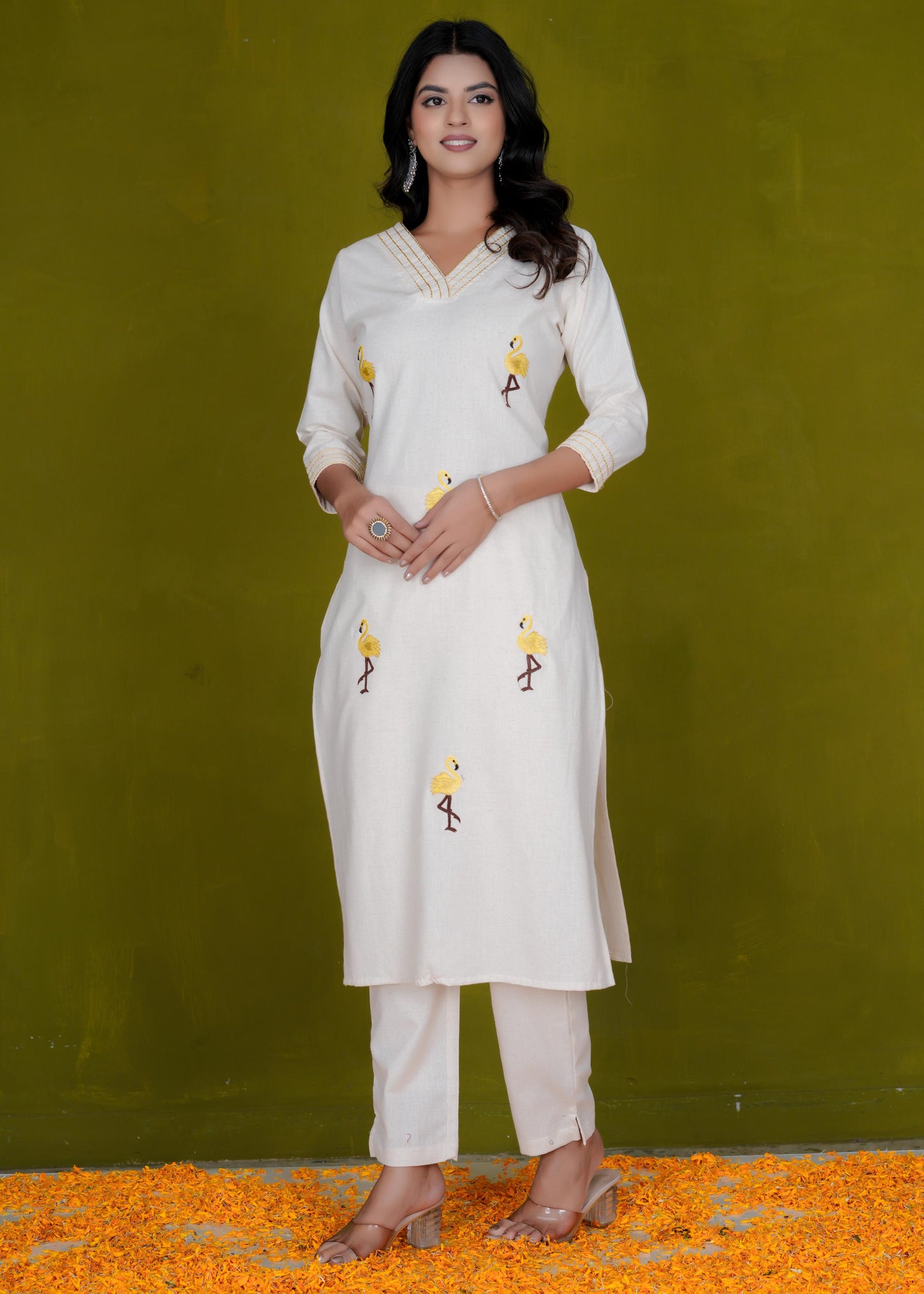 Cotton Printed Straight Off White Kurta & Trouser