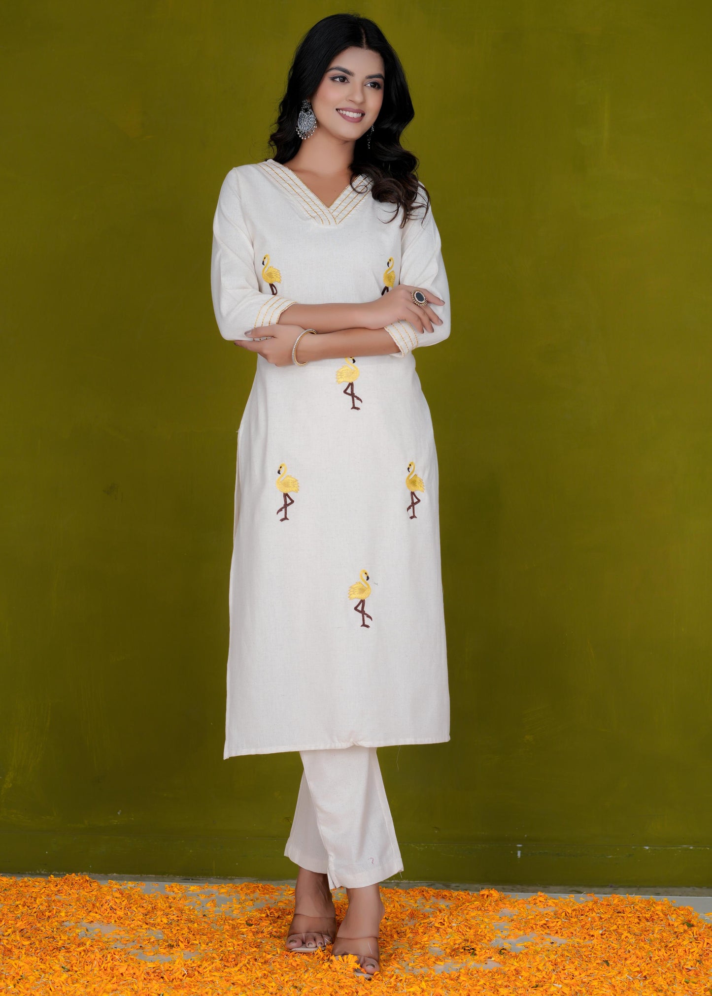 Cotton Printed Straight Off White Kurta & Trouser