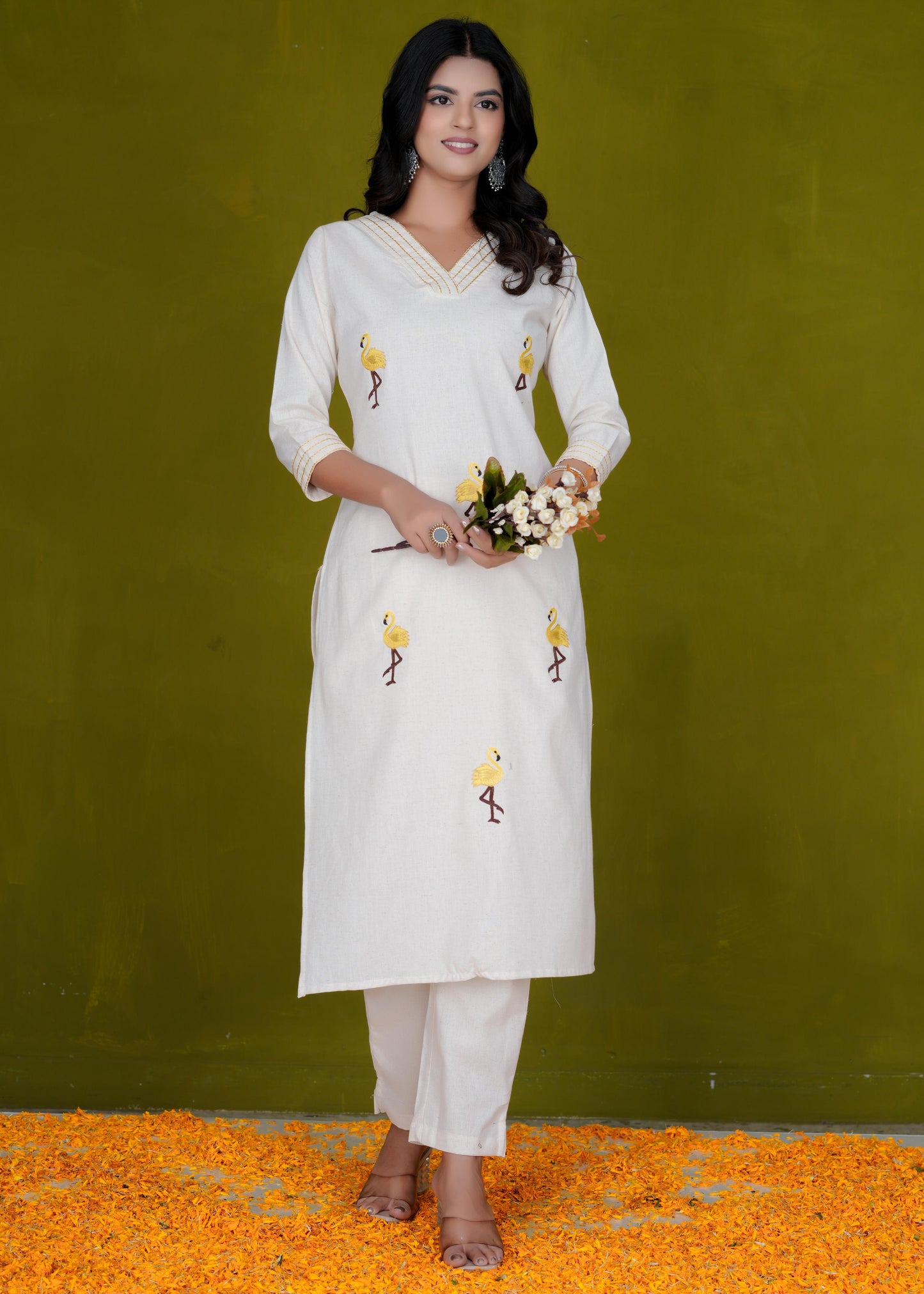 Cotton Printed Straight Off White Kurta & Trouser