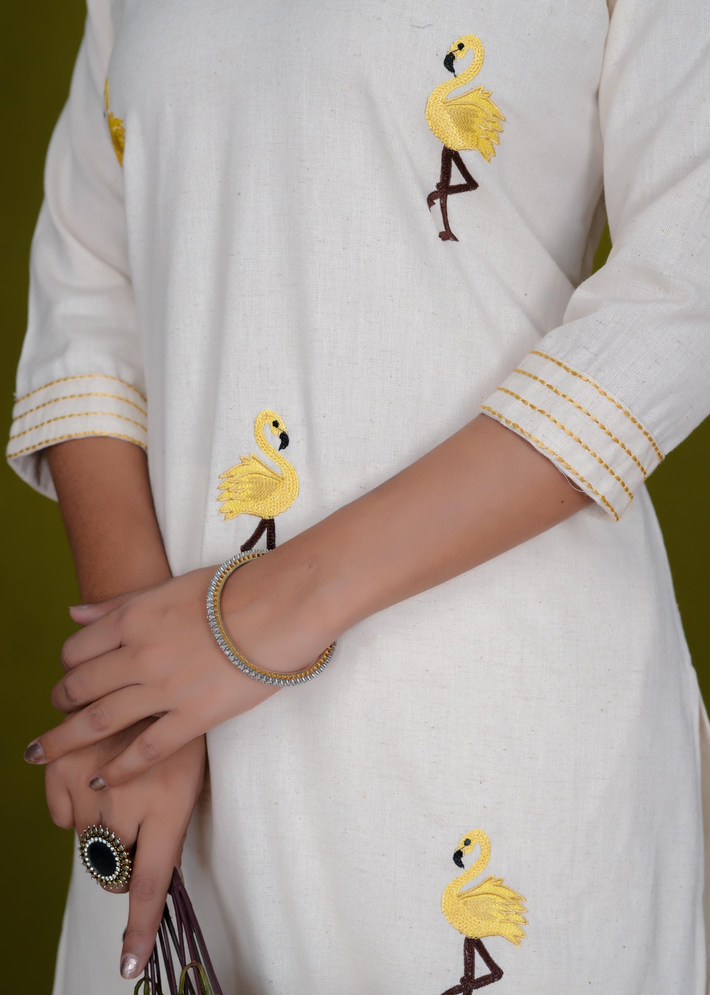 Cotton Printed Straight Off White Kurta & Trouser