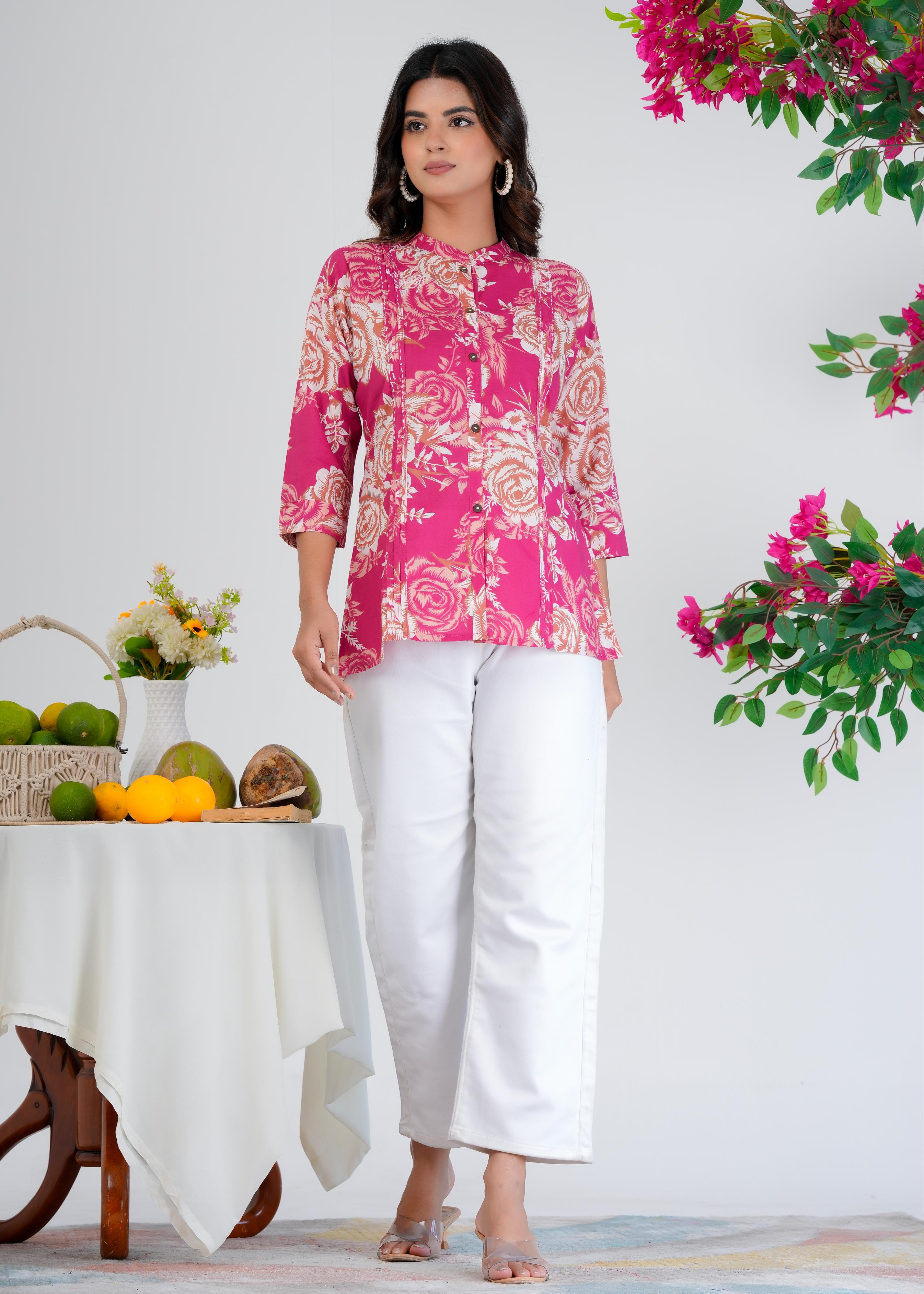 Cotton Printed Regular Pink Top