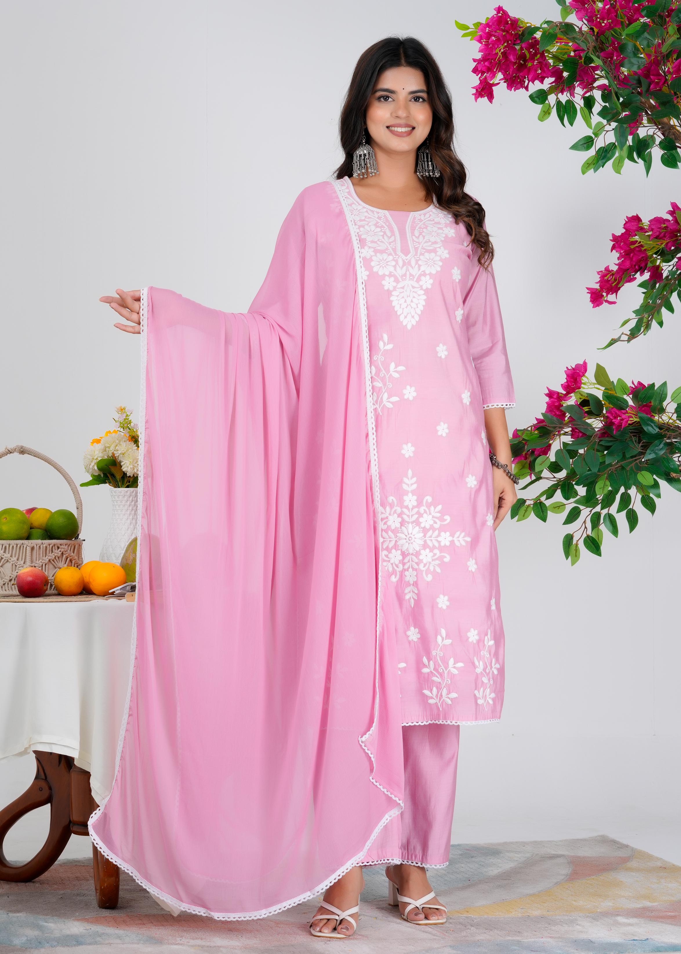 Cotton Embroidered Straight Pink Kurta Set With Dupatta