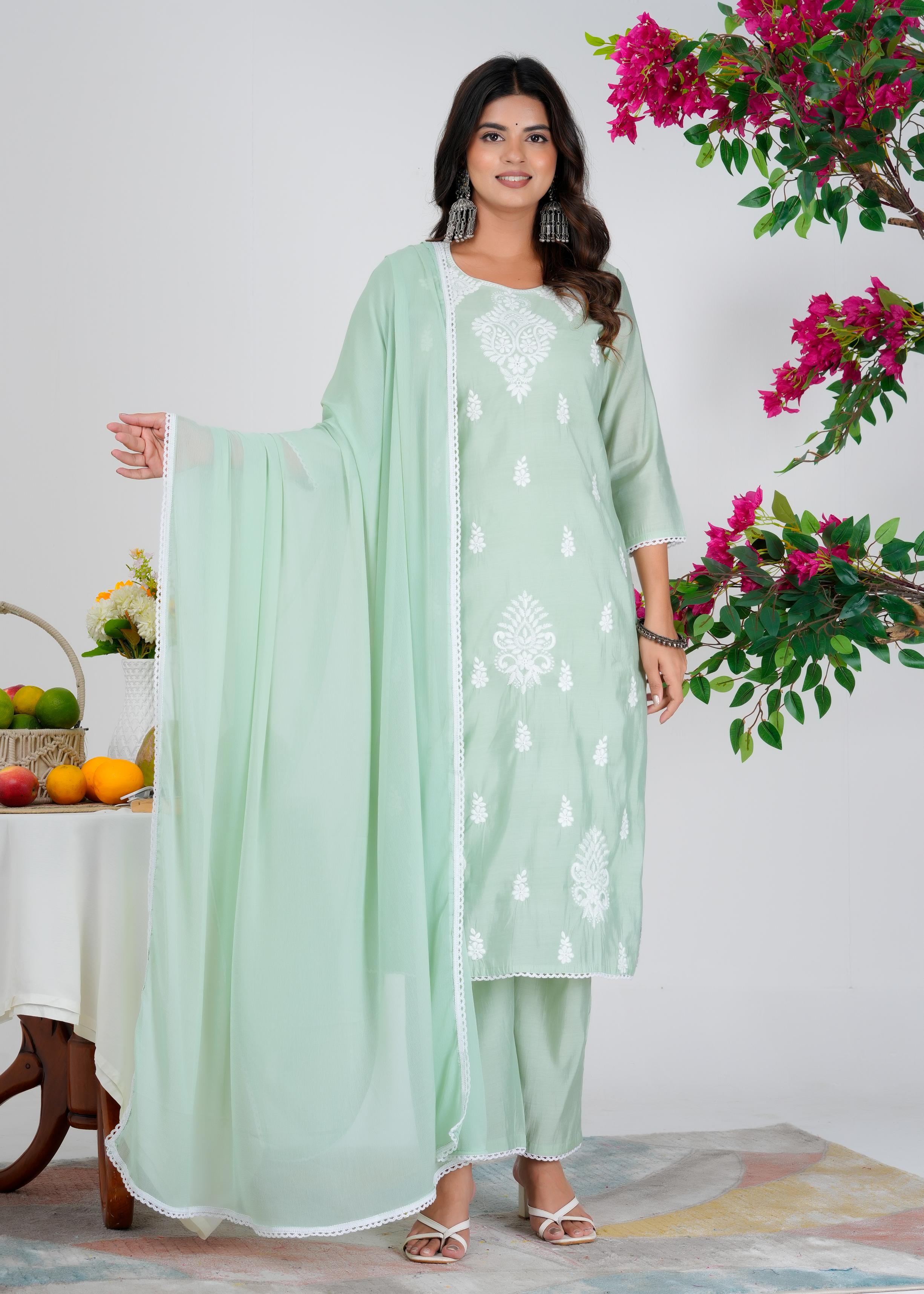 Cotton Embroidered Straight Green Kurta Set With Dupatta