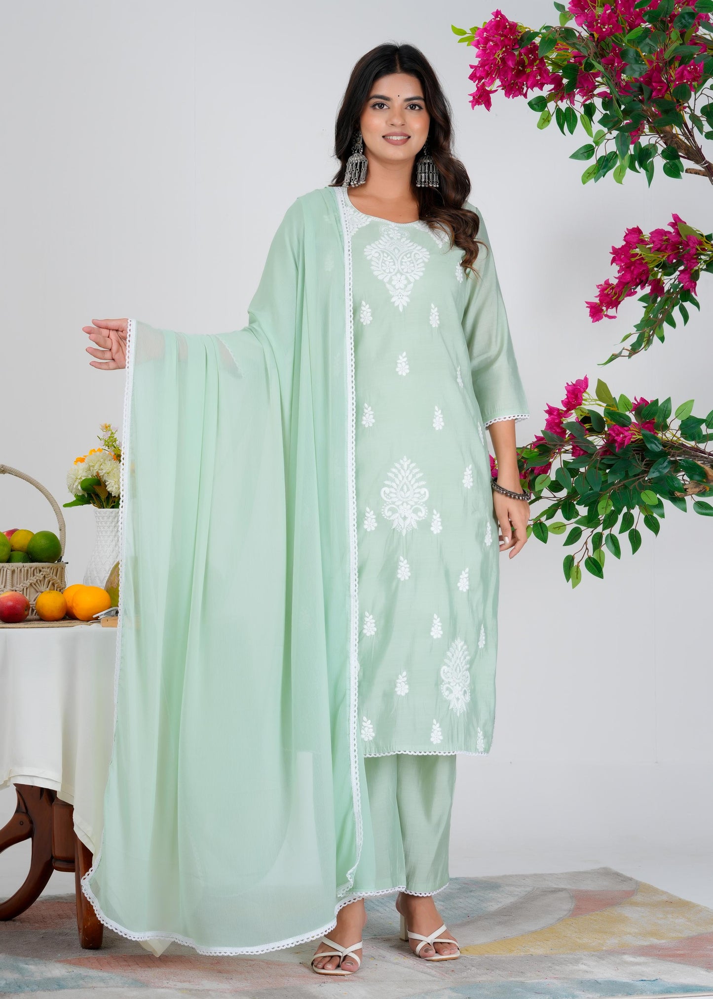 Cotton Embroidered Straight Green Kurta Set With Dupatta