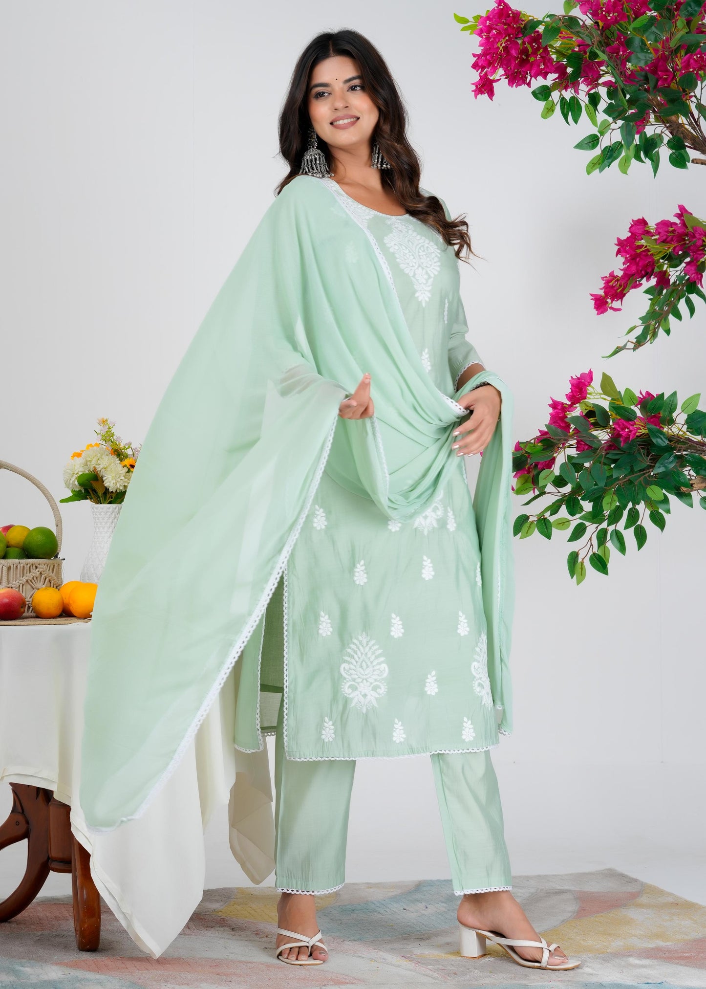 Cotton Embroidered Straight Green Kurta Set With Dupatta