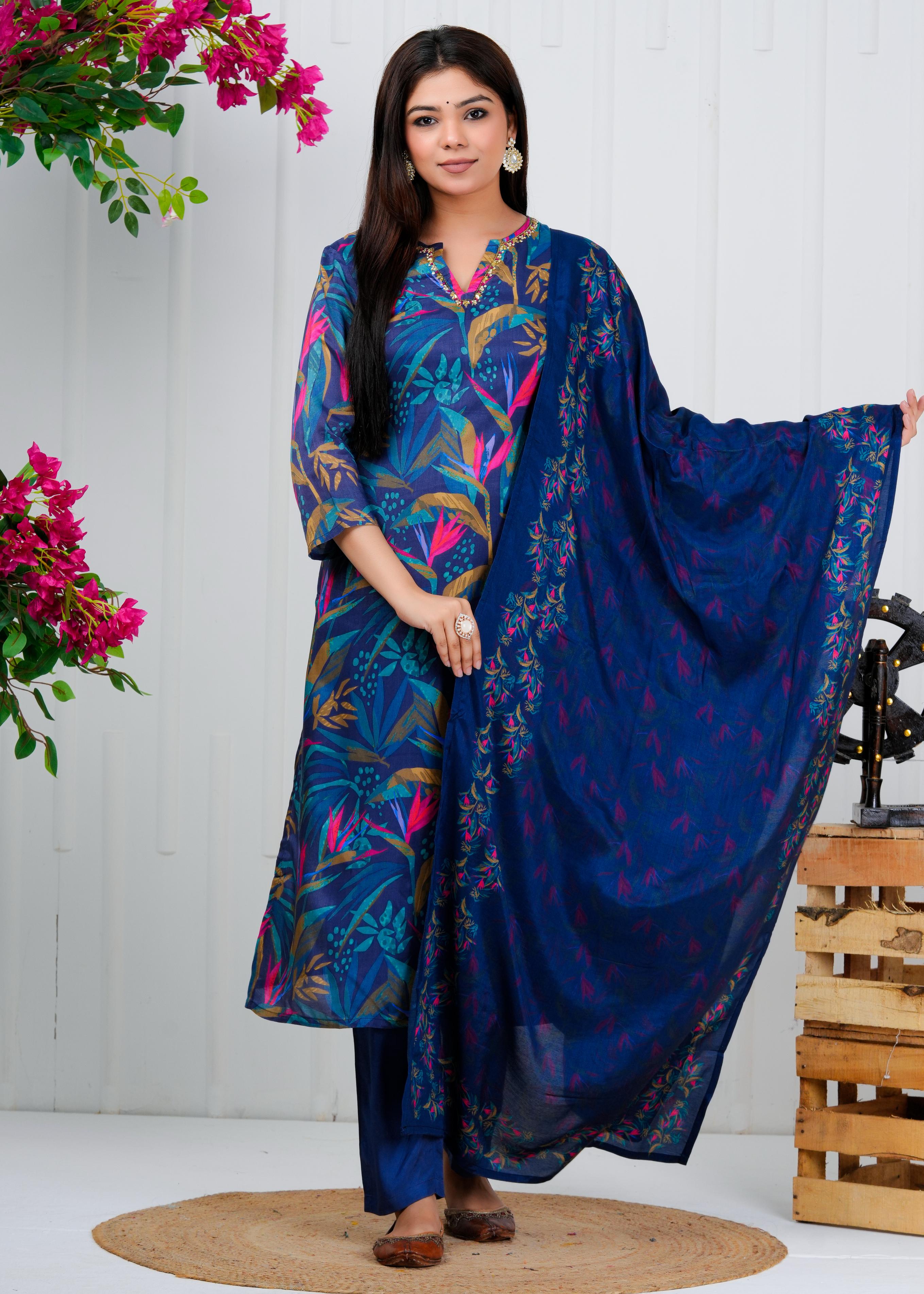 Cotton Floral Printed  Straight Kurta Set With Dupatta