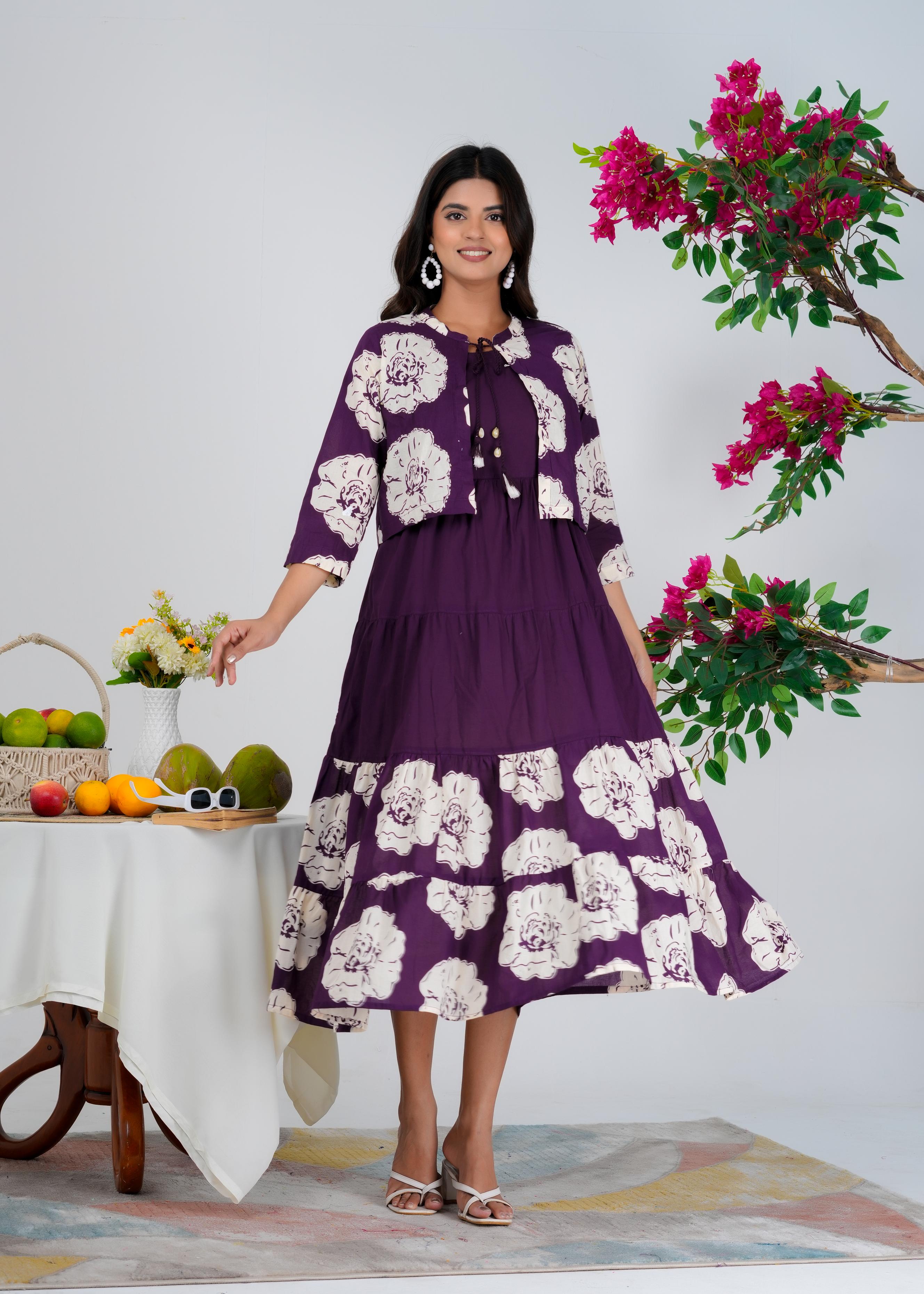 Floral Printed Regular Sleeves Cotton Purple Dresses With Jacket