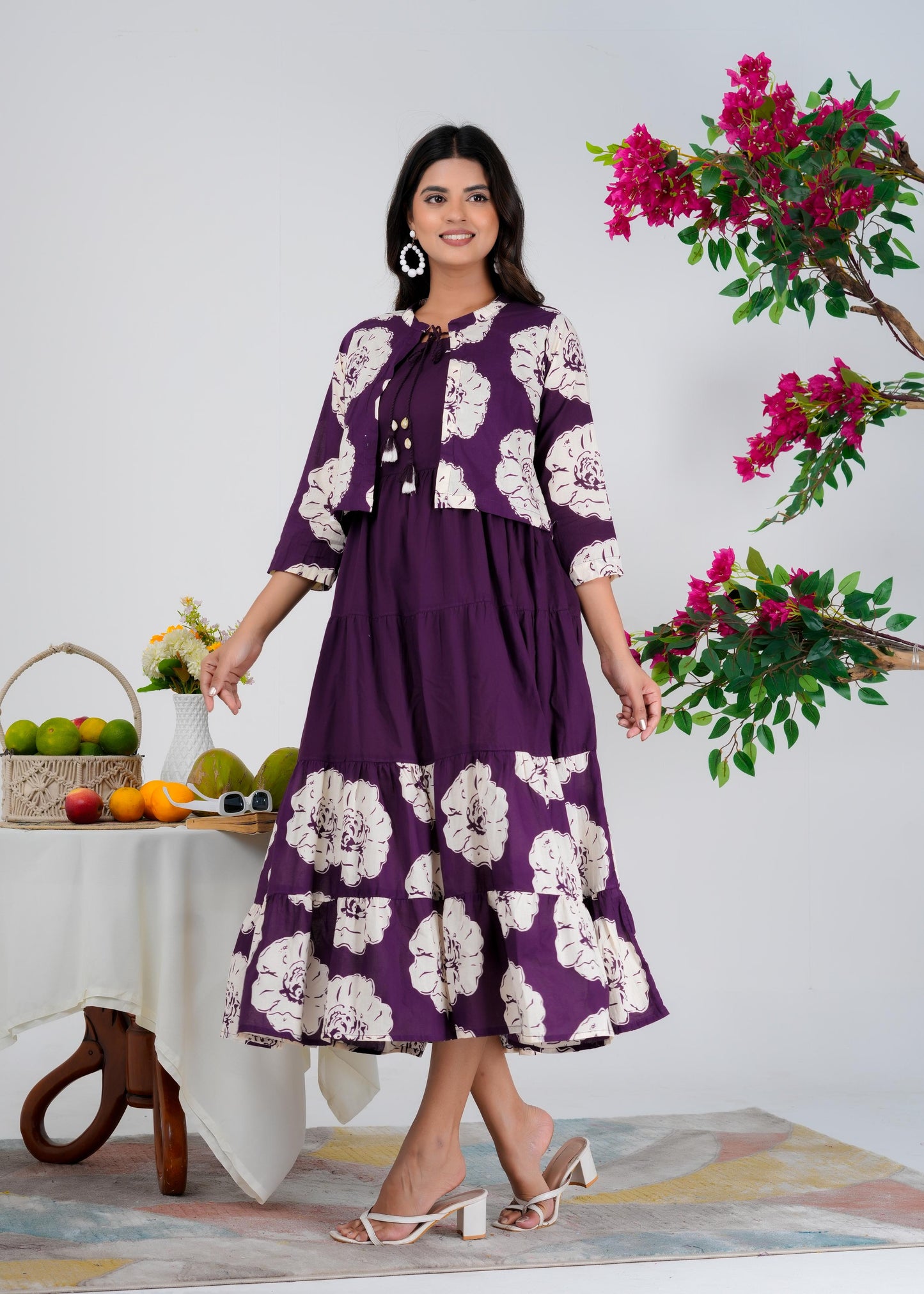 Floral Printed Regular Sleeves Cotton Purple Dresses With Jacket