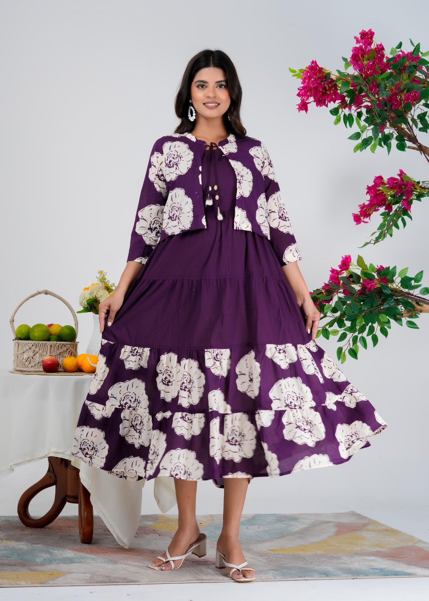 Floral Printed Regular Sleeves Cotton Purple Dresses With Jacket